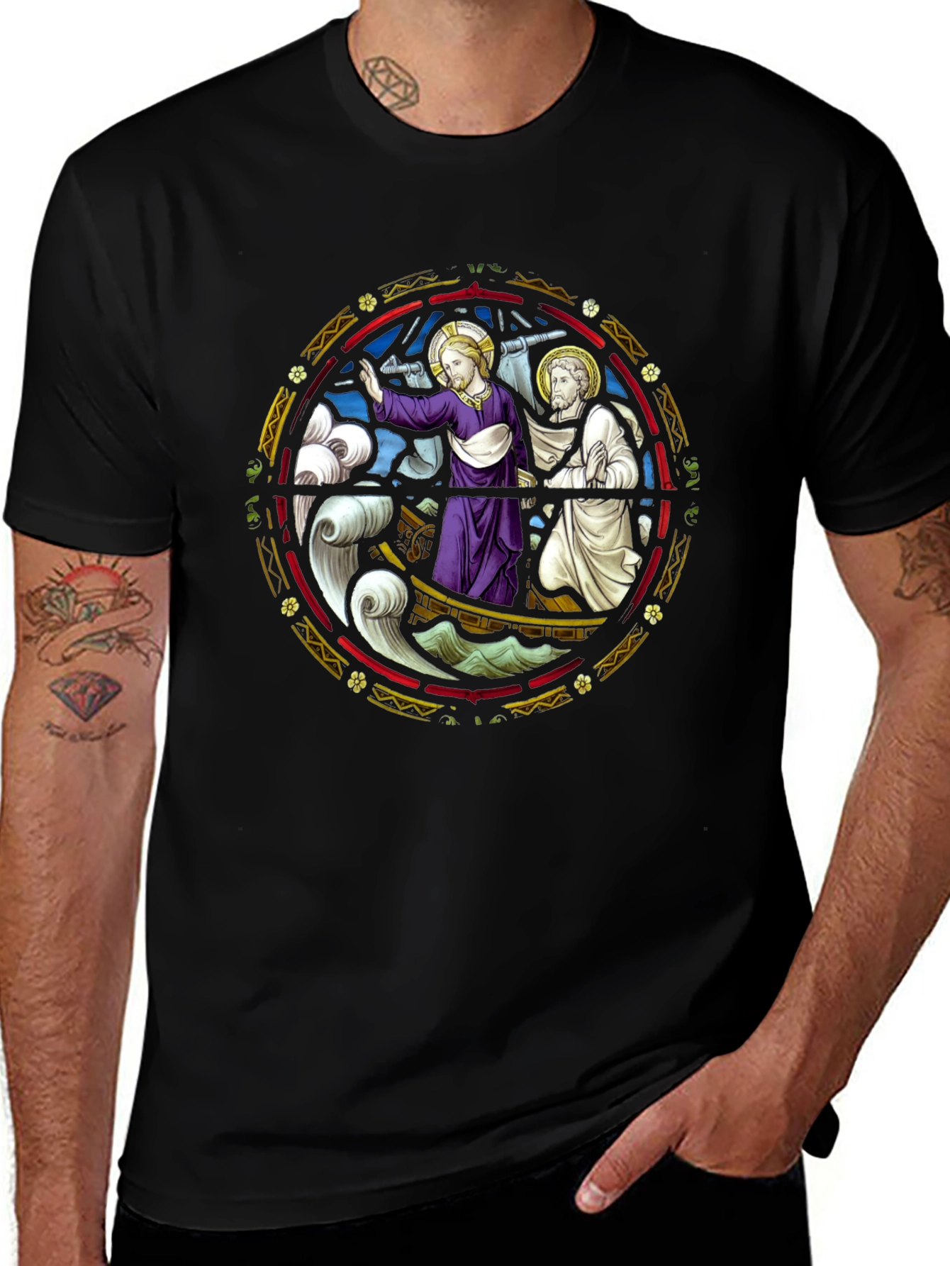 Religious Graphic Tee - Jesus Boat Stained Glass