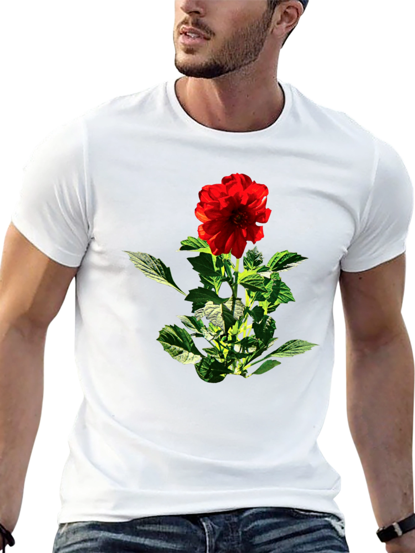 Red Flower Graphic Black T-Shirt