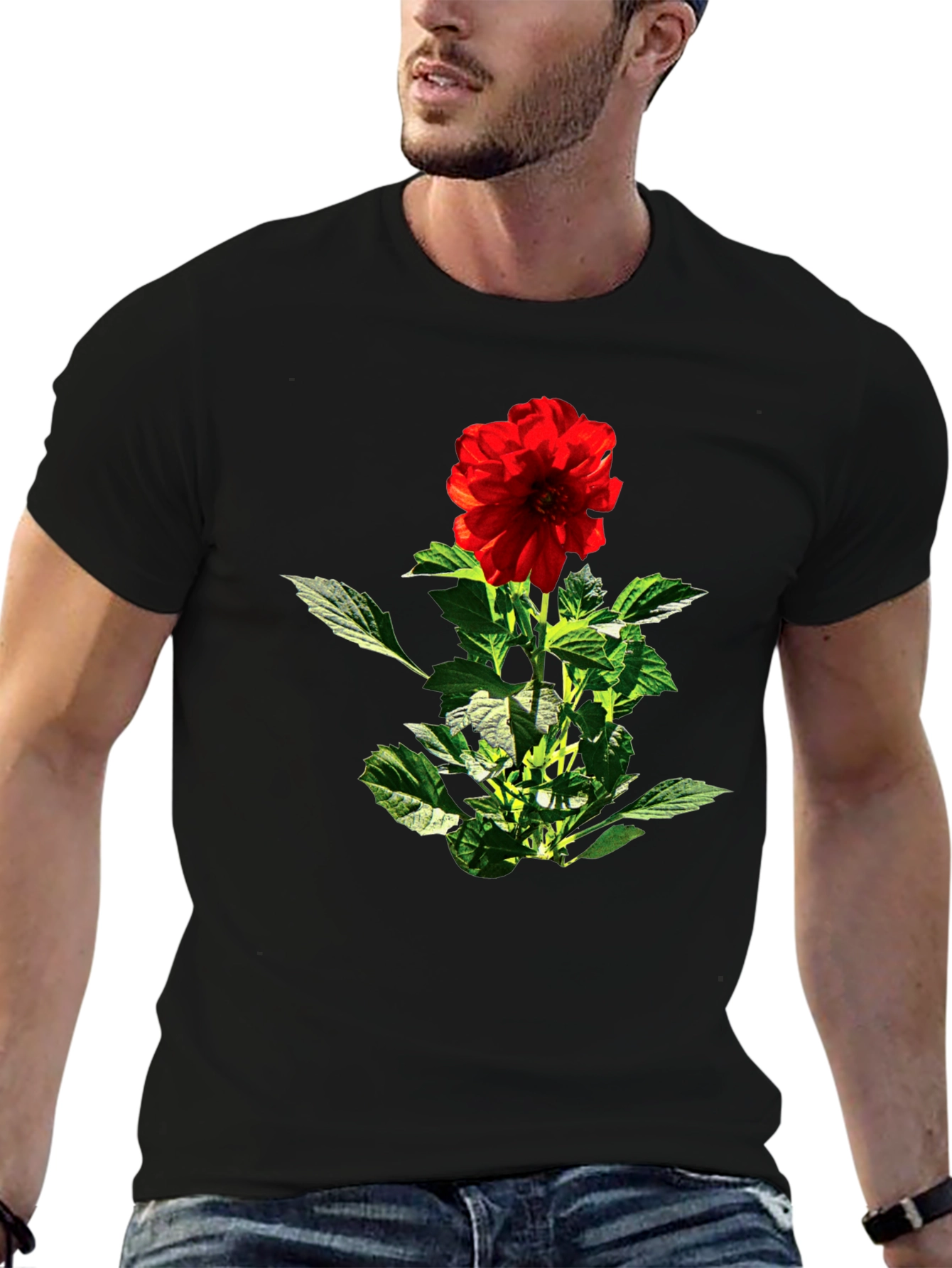 Red Flower Graphic Black T-Shirt