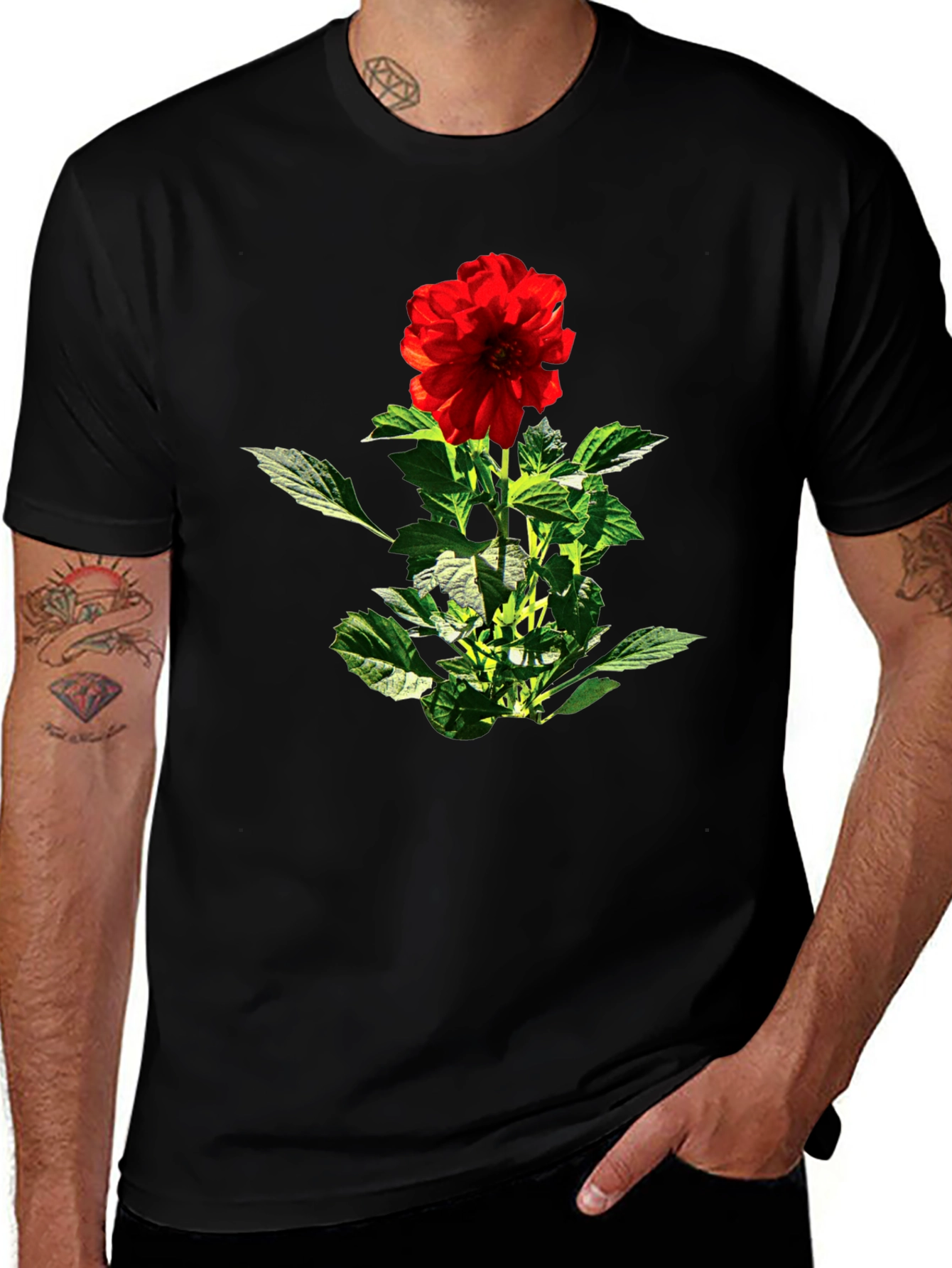 Red Flower Graphic Black T-Shirt