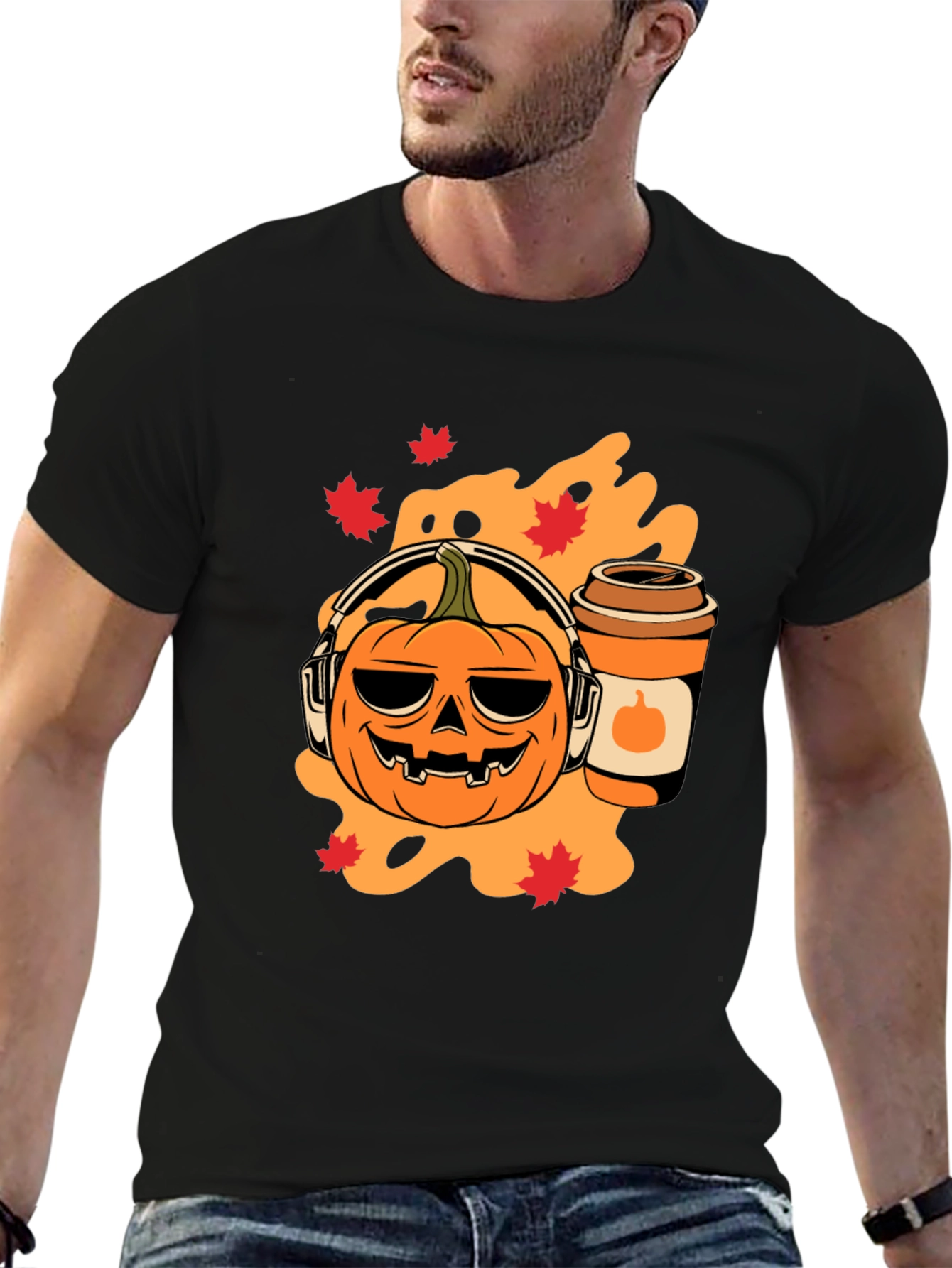 Halloween Pumpkin T-Shirt with Headphones