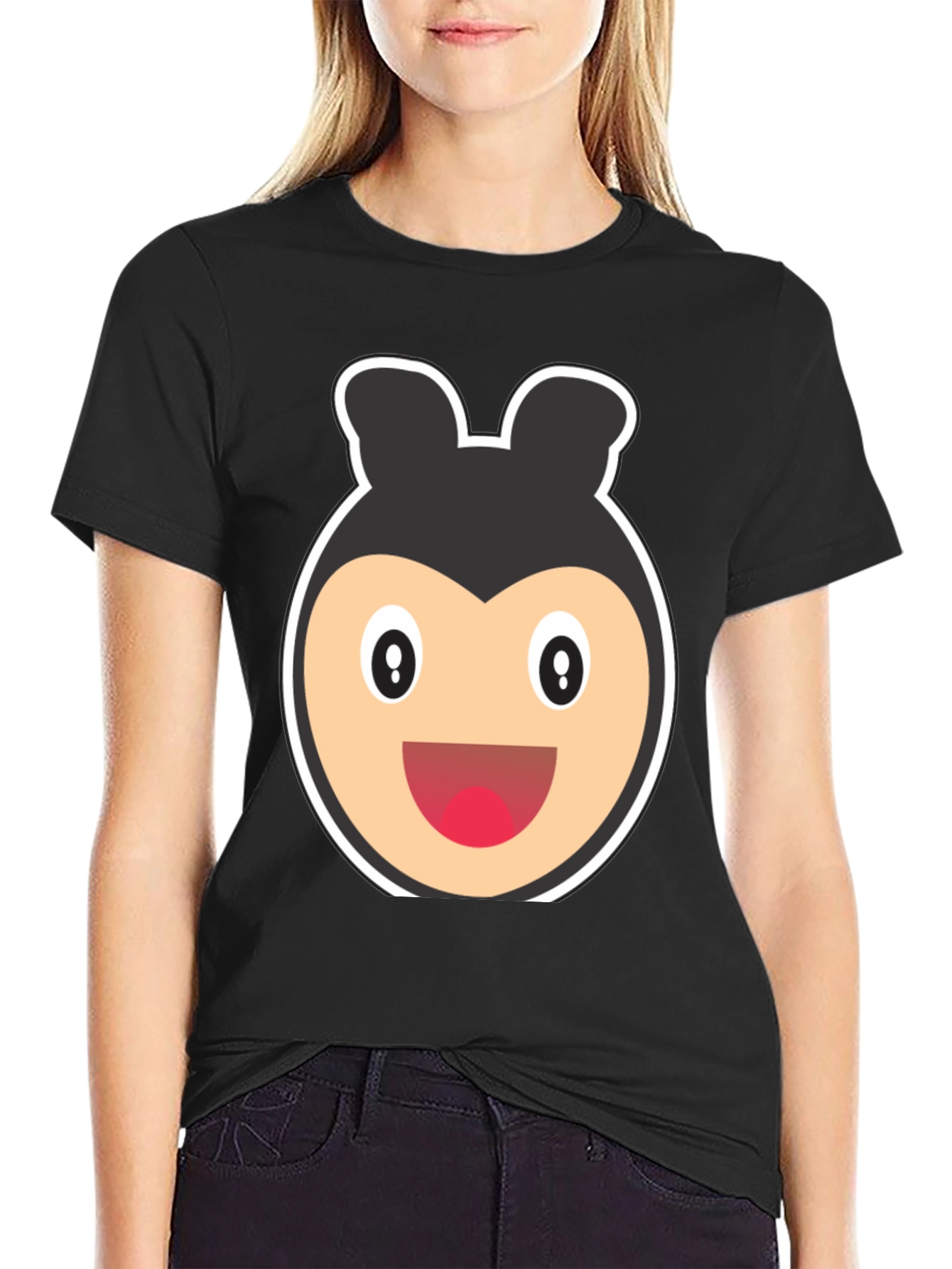 Cartoon Bear Face Black T-Shirt