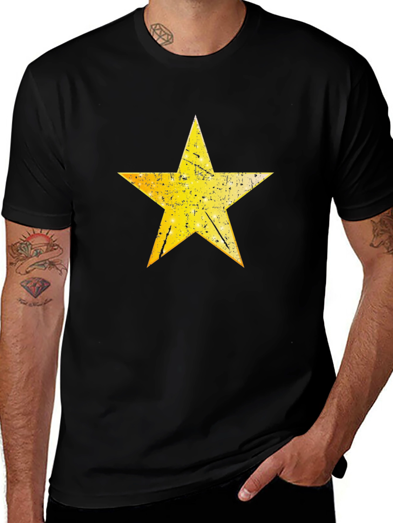 Distressed Yellow Star Graphic Black T-Shirt