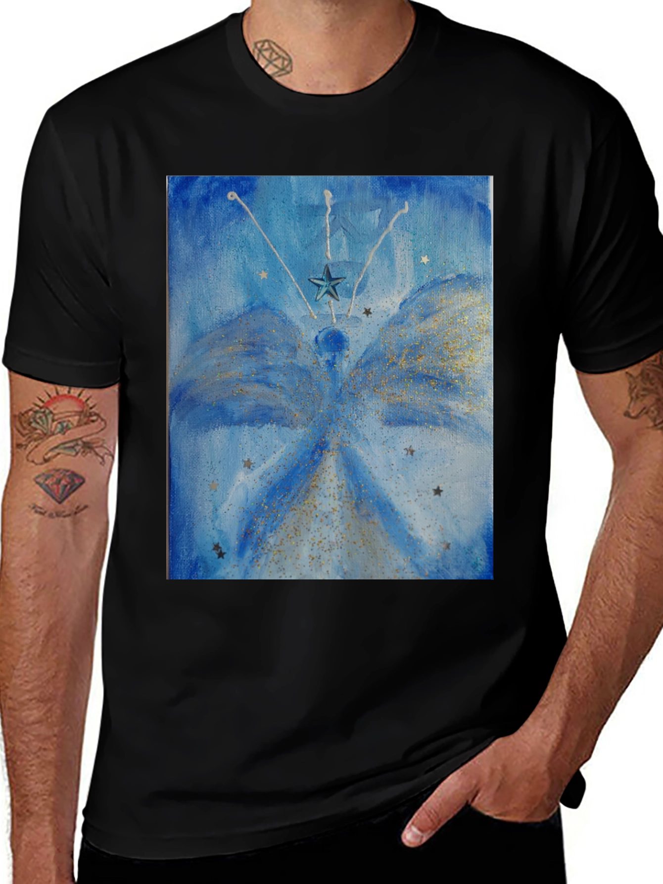 Celestial Star Angel Graphic Tee - Mens Black T-Shirt