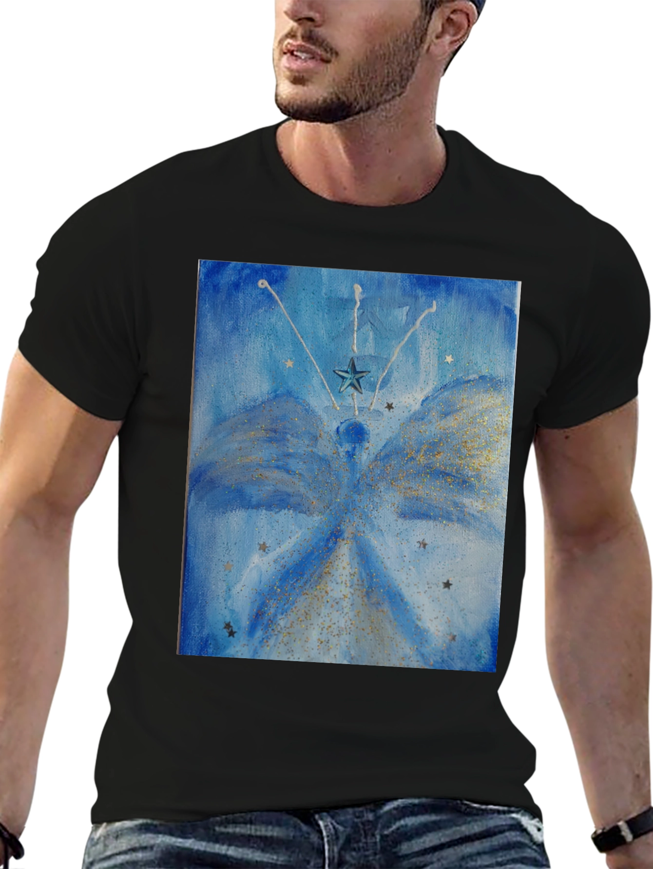 Celestial Star Angel Graphic Tee - Mens Black T-Shirt