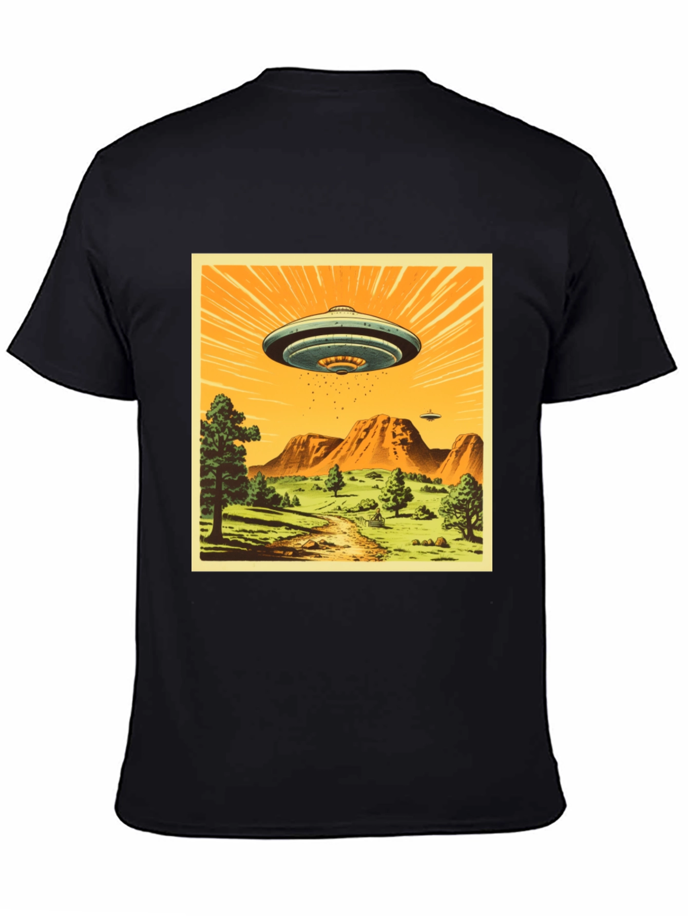 UFO Graphic Print T-Shirt - Black Crew Neck Tee