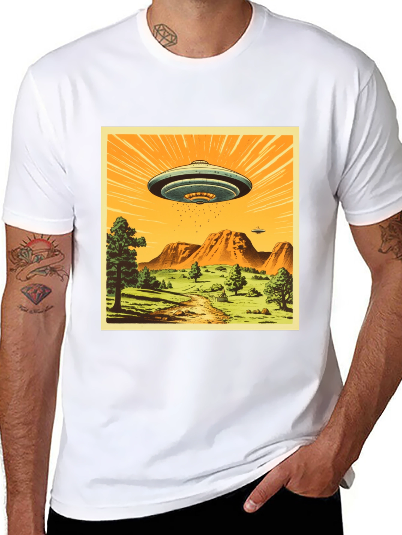 UFO Graphic Print T-Shirt - Black Crew Neck Tee
