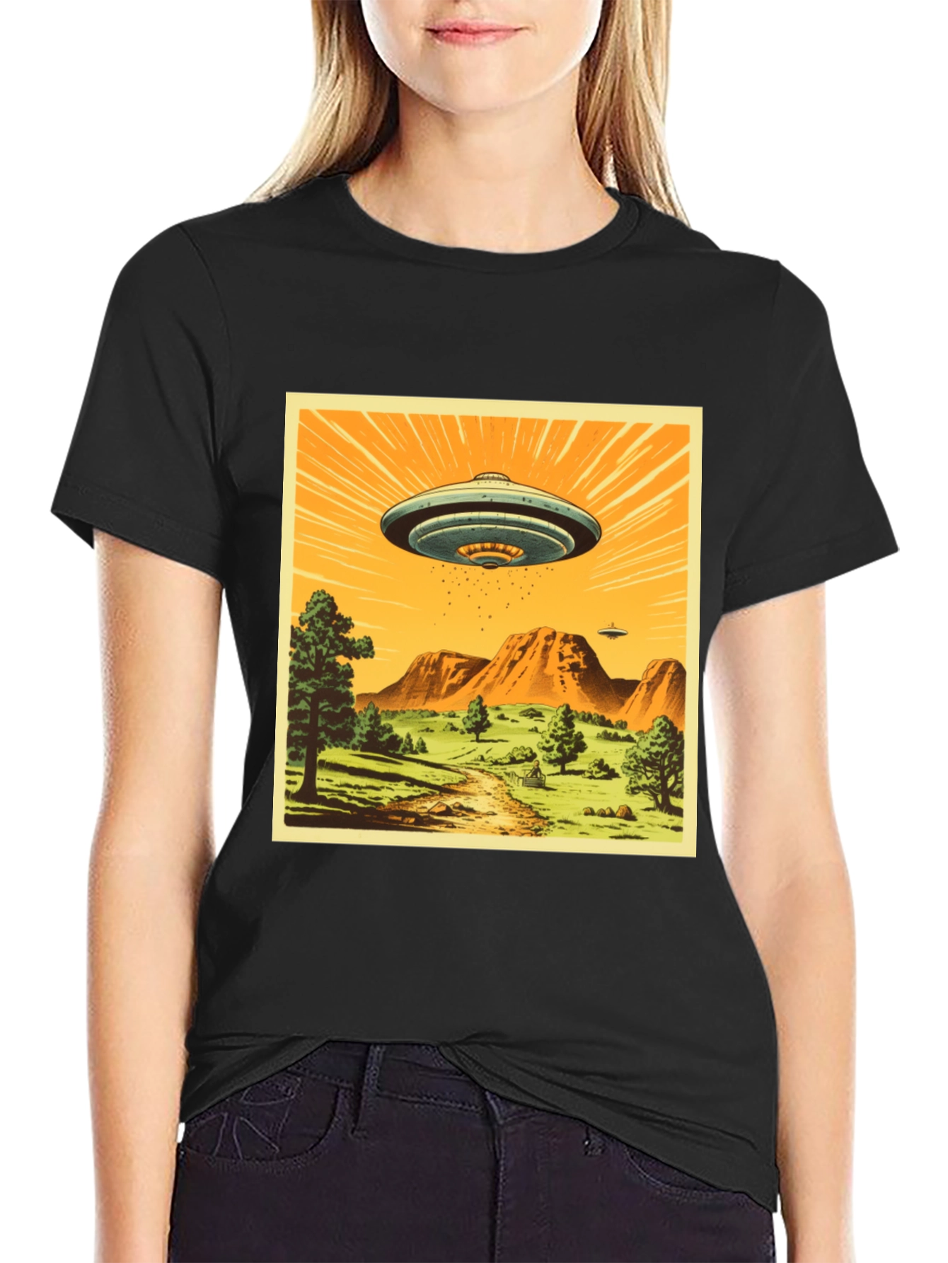 UFO Graphic Print T-Shirt - Black Crew Neck Tee