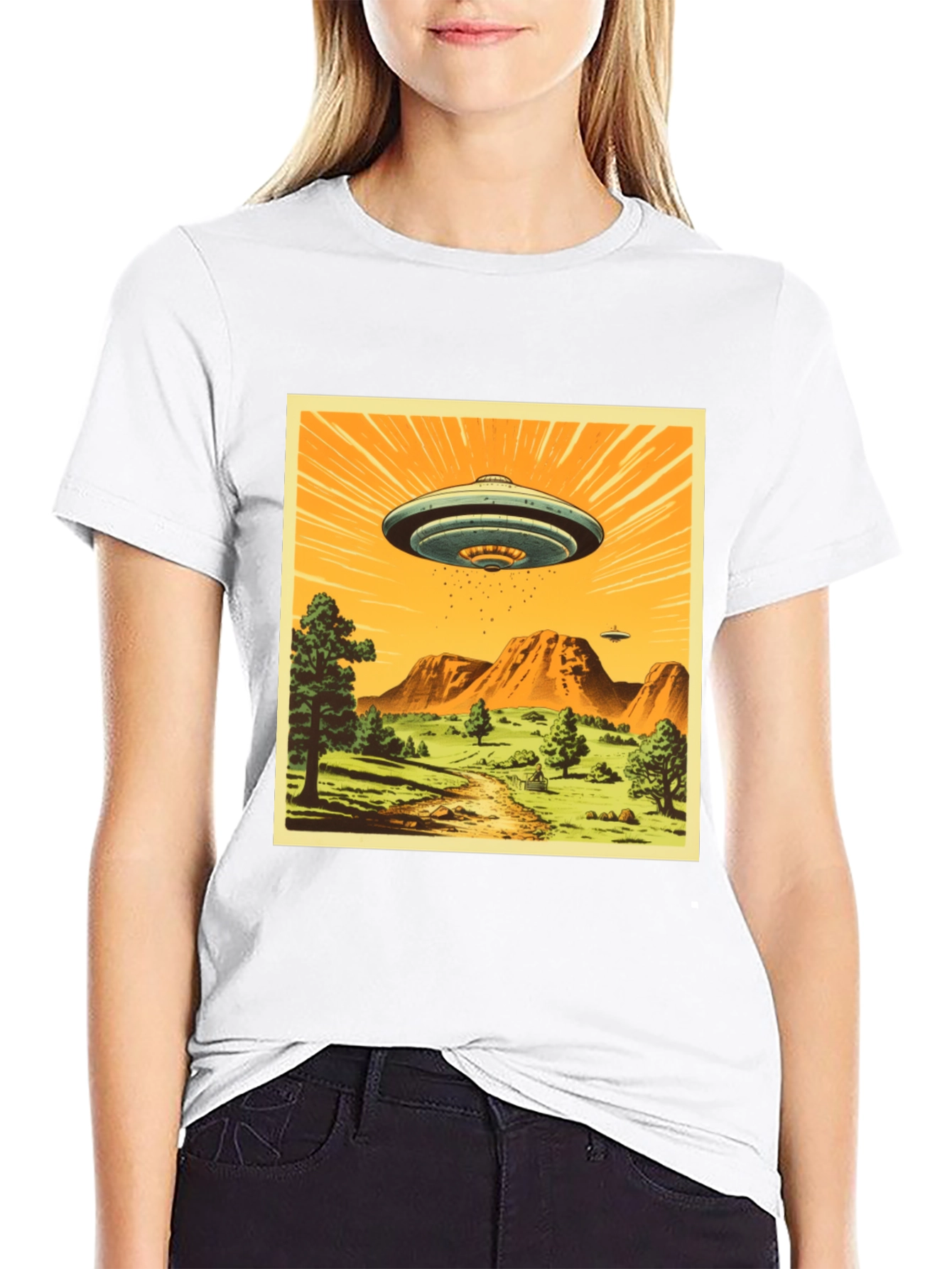 UFO Graphic Print T-Shirt - Black Crew Neck Tee