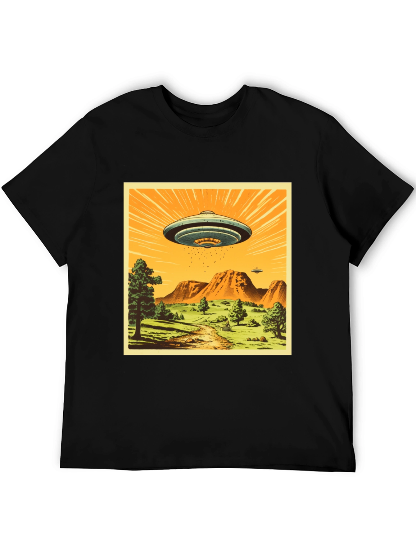 UFO Graphic Print T-Shirt - Black Crew Neck Tee