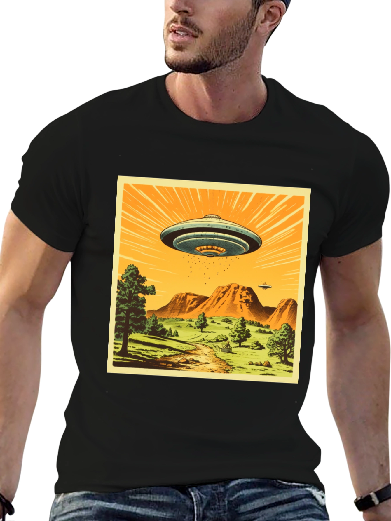 UFO Graphic Print T-Shirt - Black Crew Neck Tee
