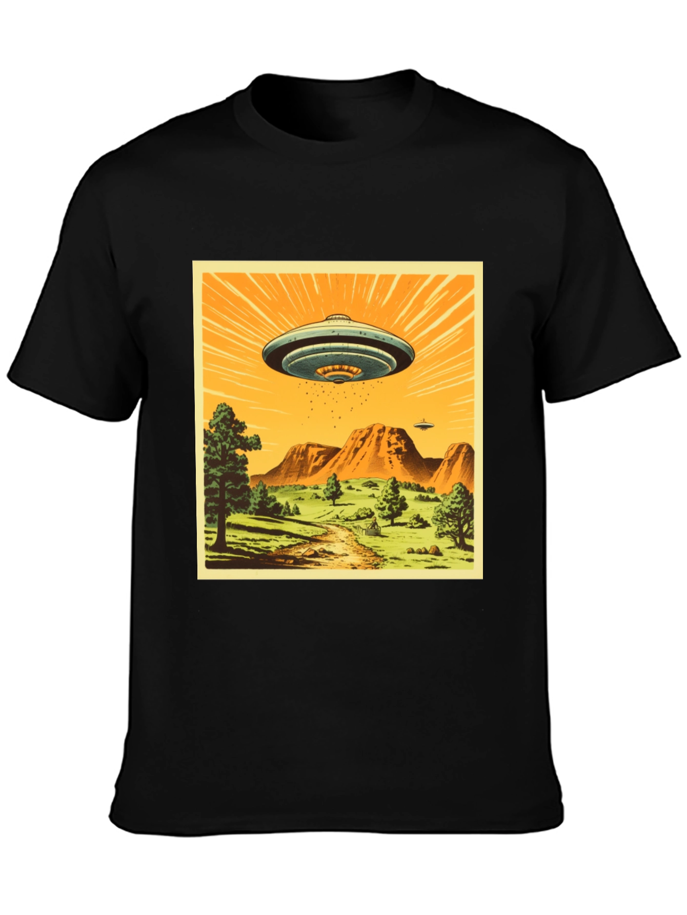 UFO Graphic Print T-Shirt - Black Crew Neck Tee