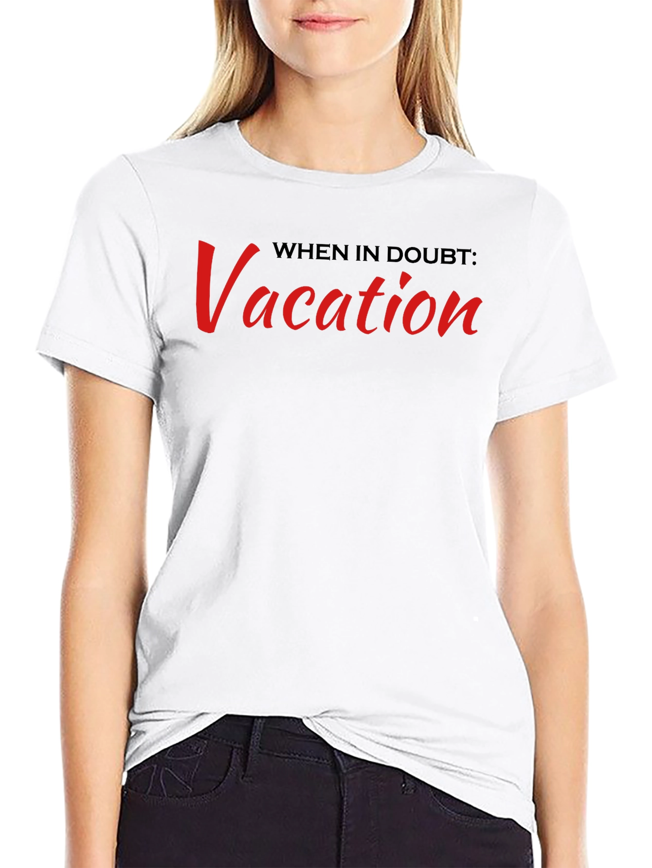 Vacation Slogan T-Shirt: Black Crew Neck Tee