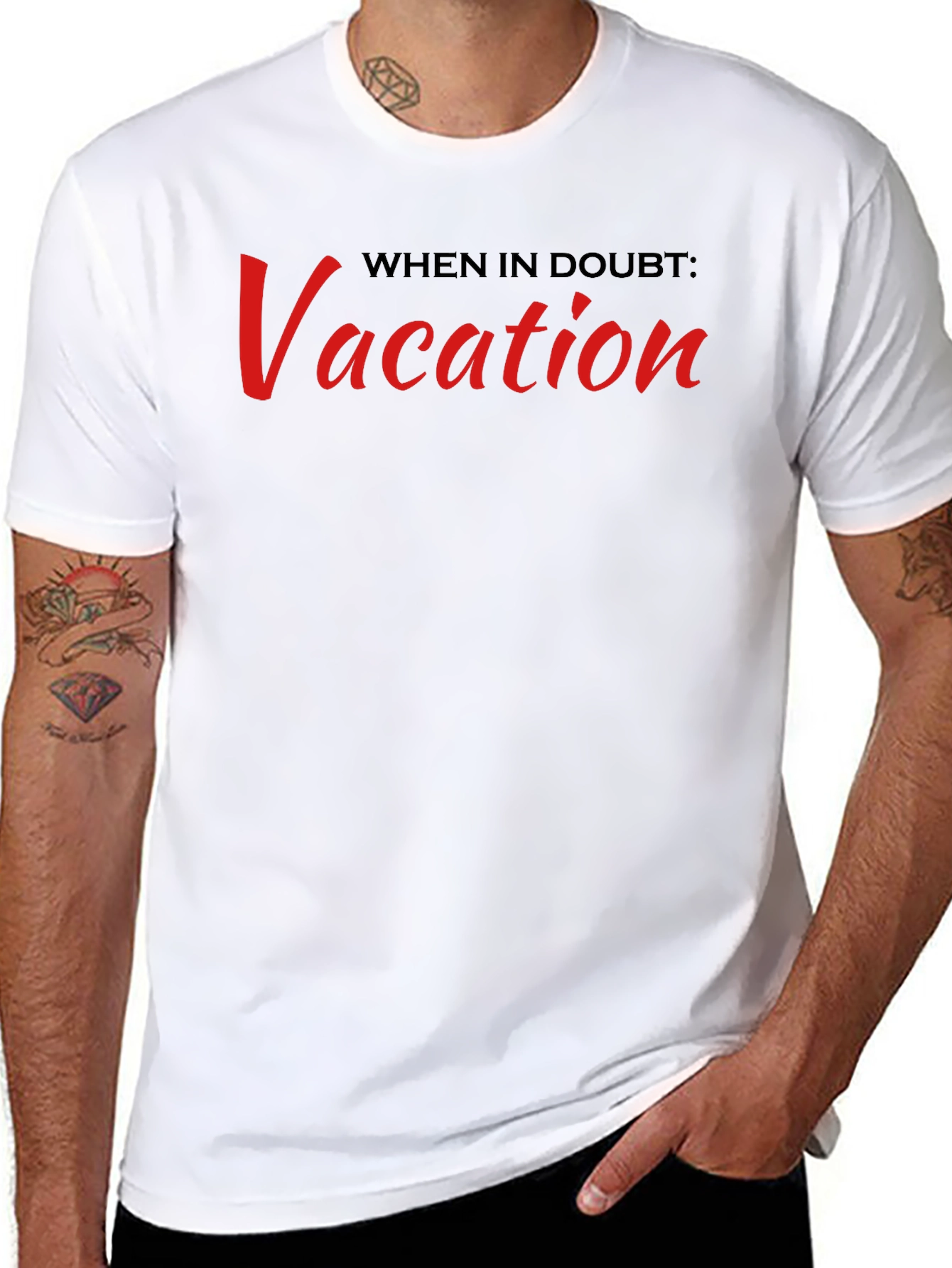 Vacation Slogan T-Shirt: Black Crew Neck Tee