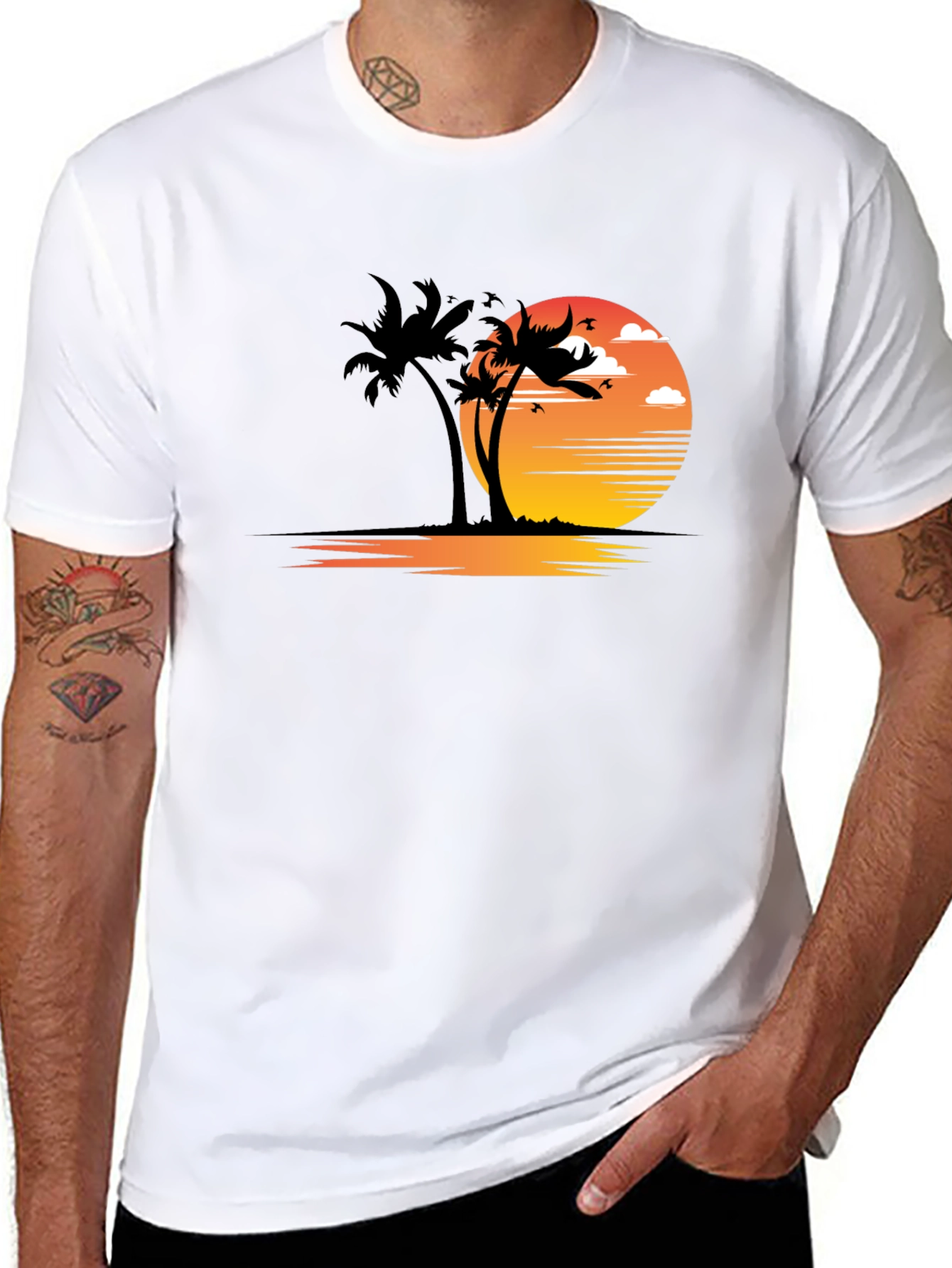 Sunset Palm Tree Graphic Tee - Black