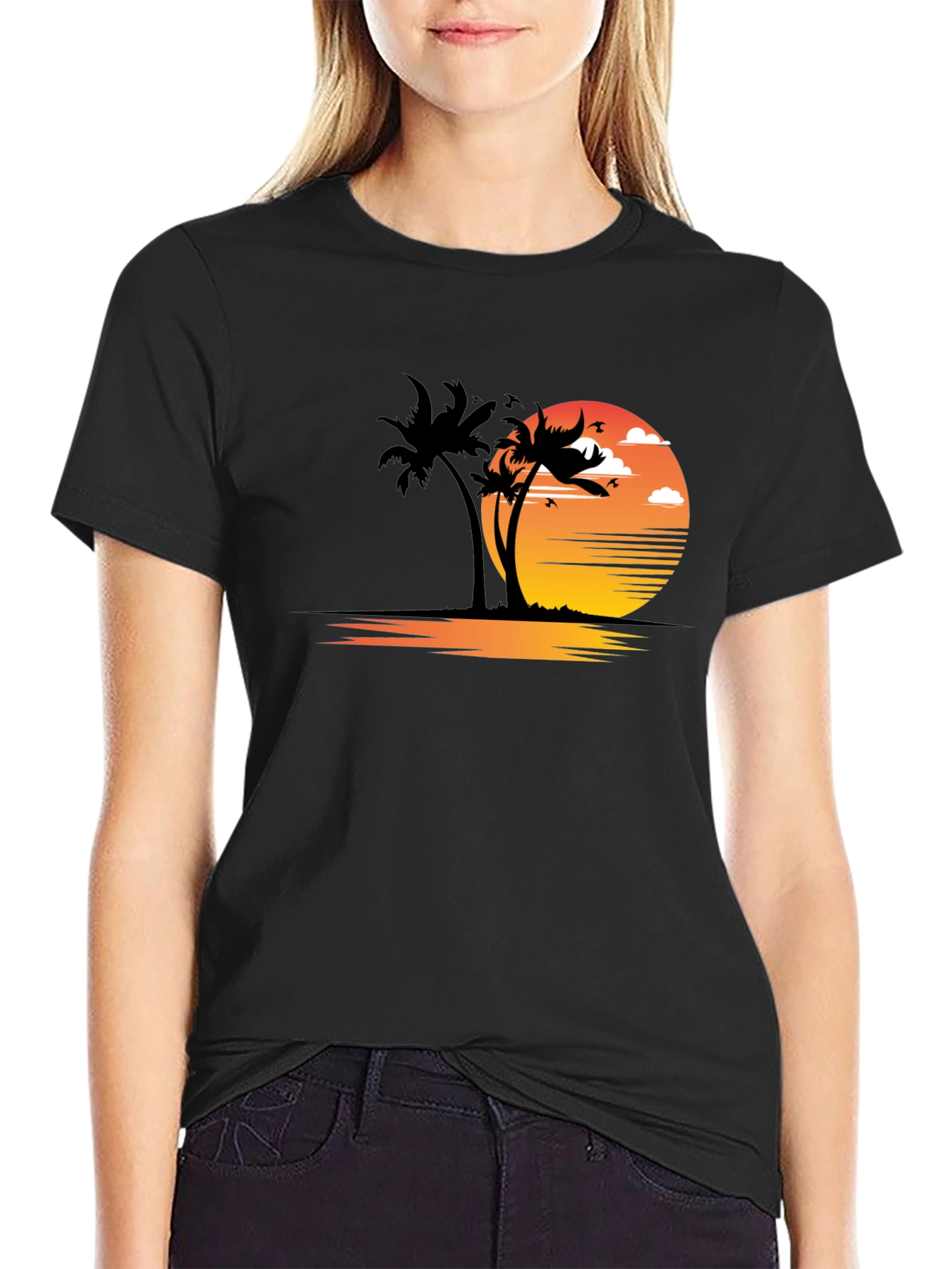 Sunset Palm Tree Graphic Tee - Black