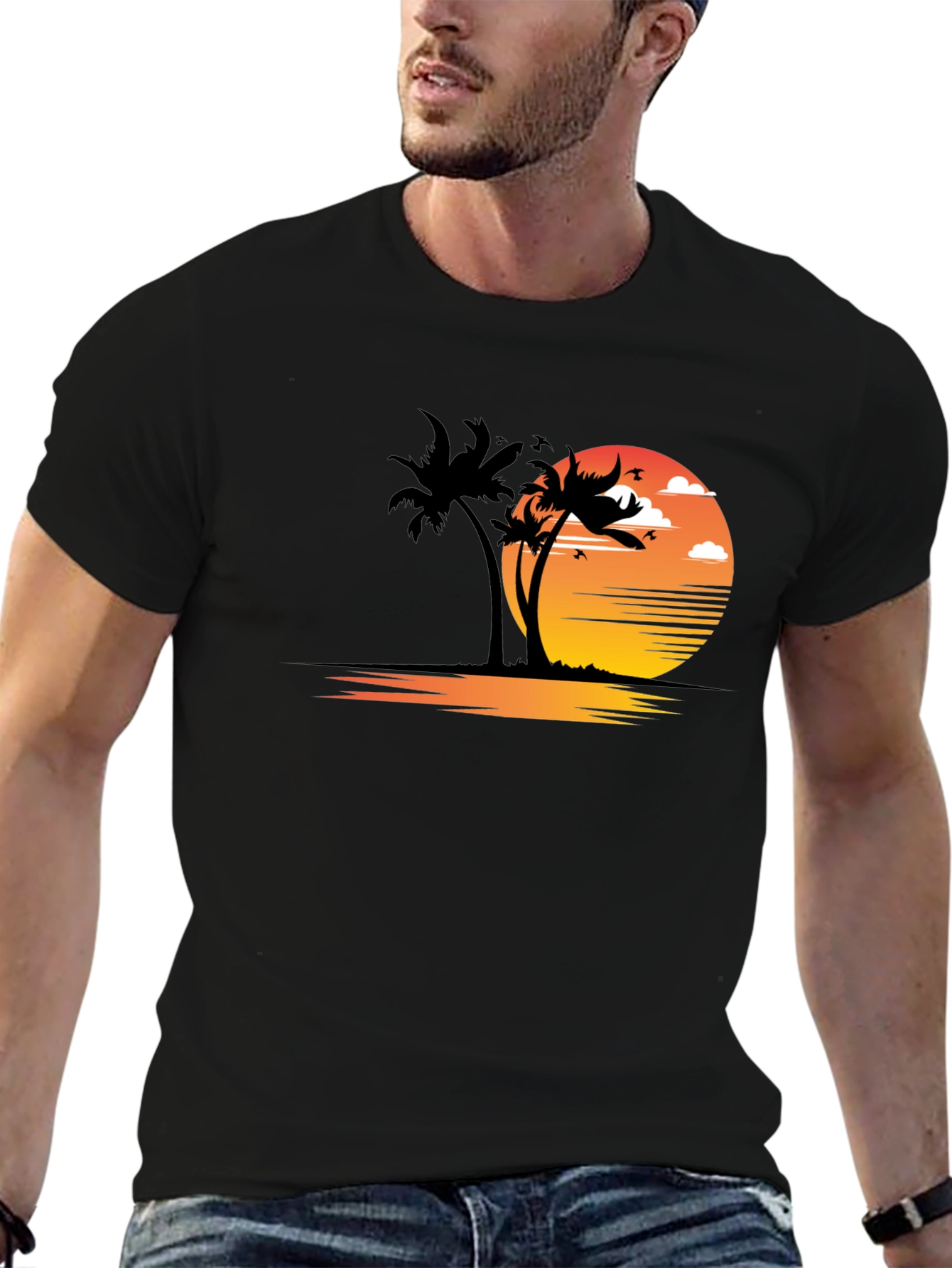 Sunset Palm Tree Graphic Tee - Black