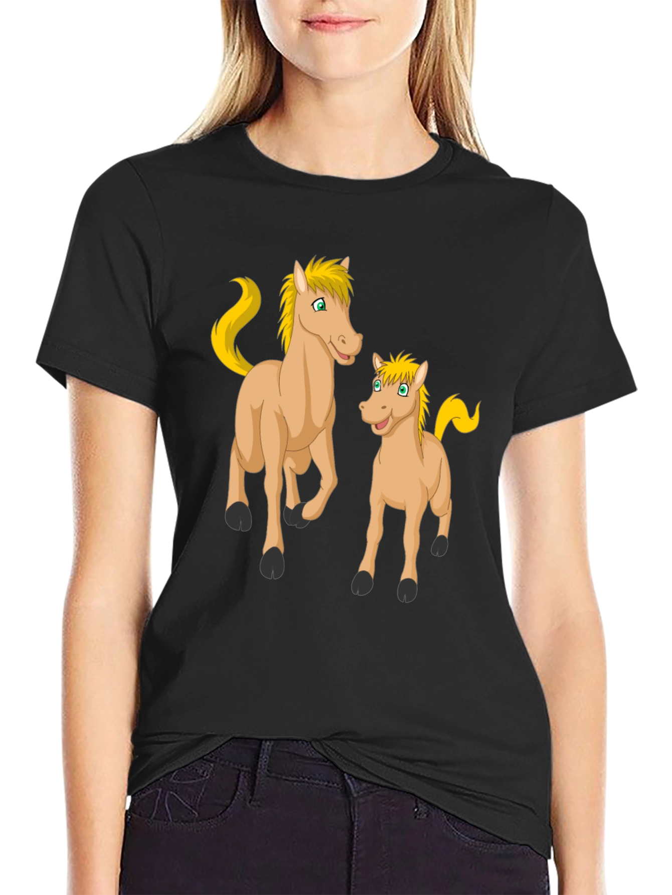 Cartoon Horse Graphic Black T-Shirt