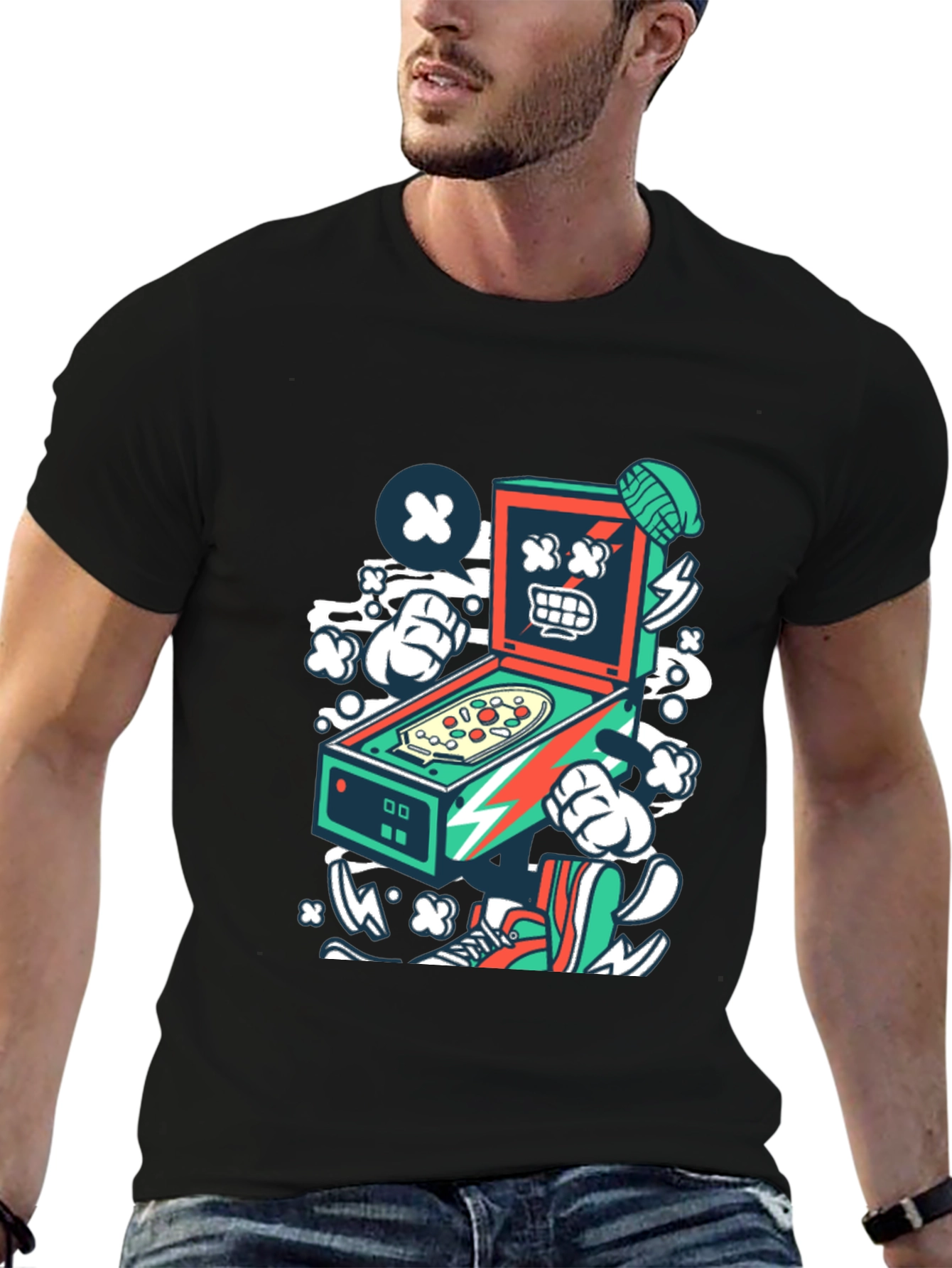 Retro Pinball Machine Graphic Tee - Cool Cartoon Design