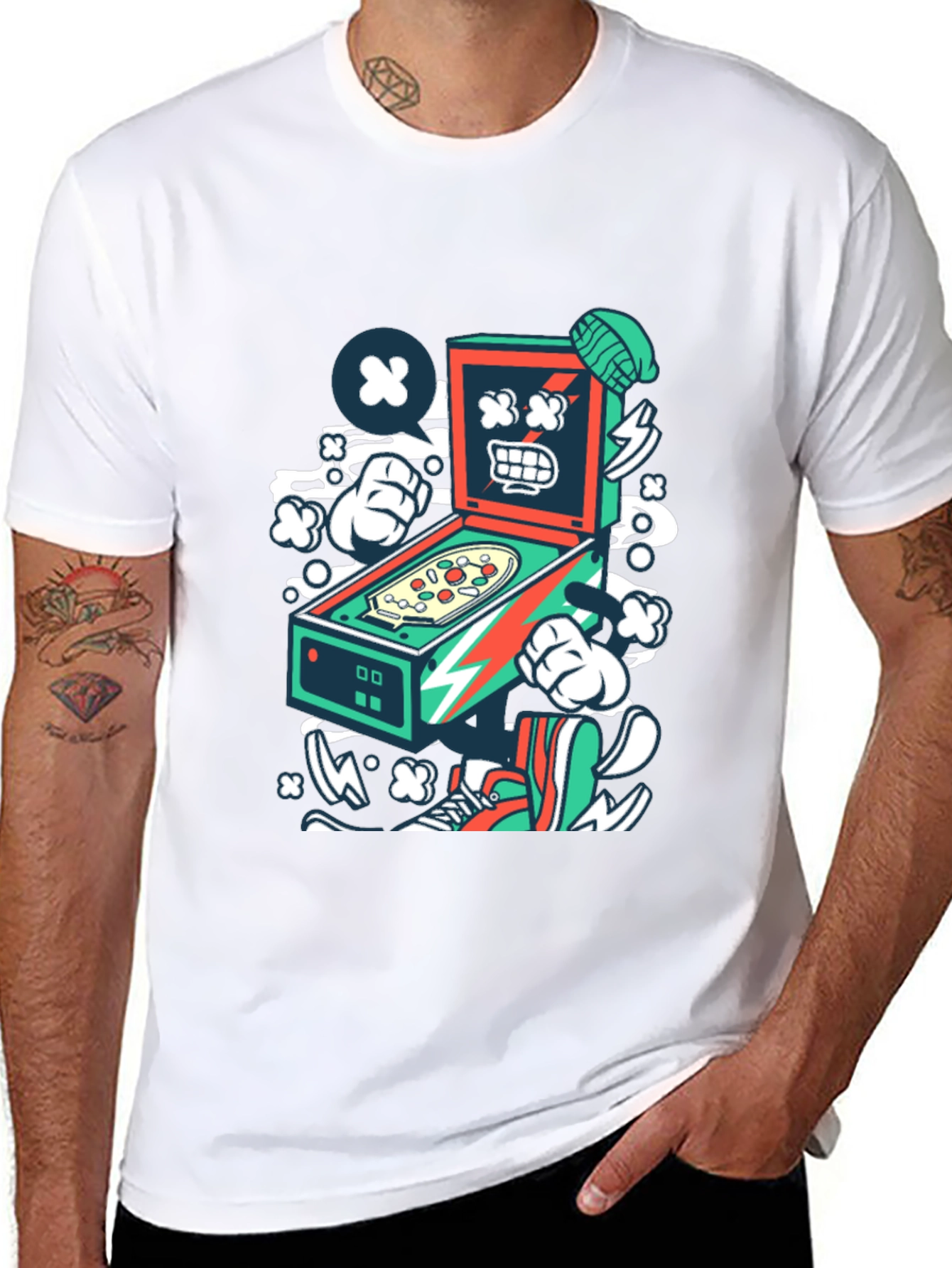 Retro Pinball Machine Graphic Tee - Cool Cartoon Design