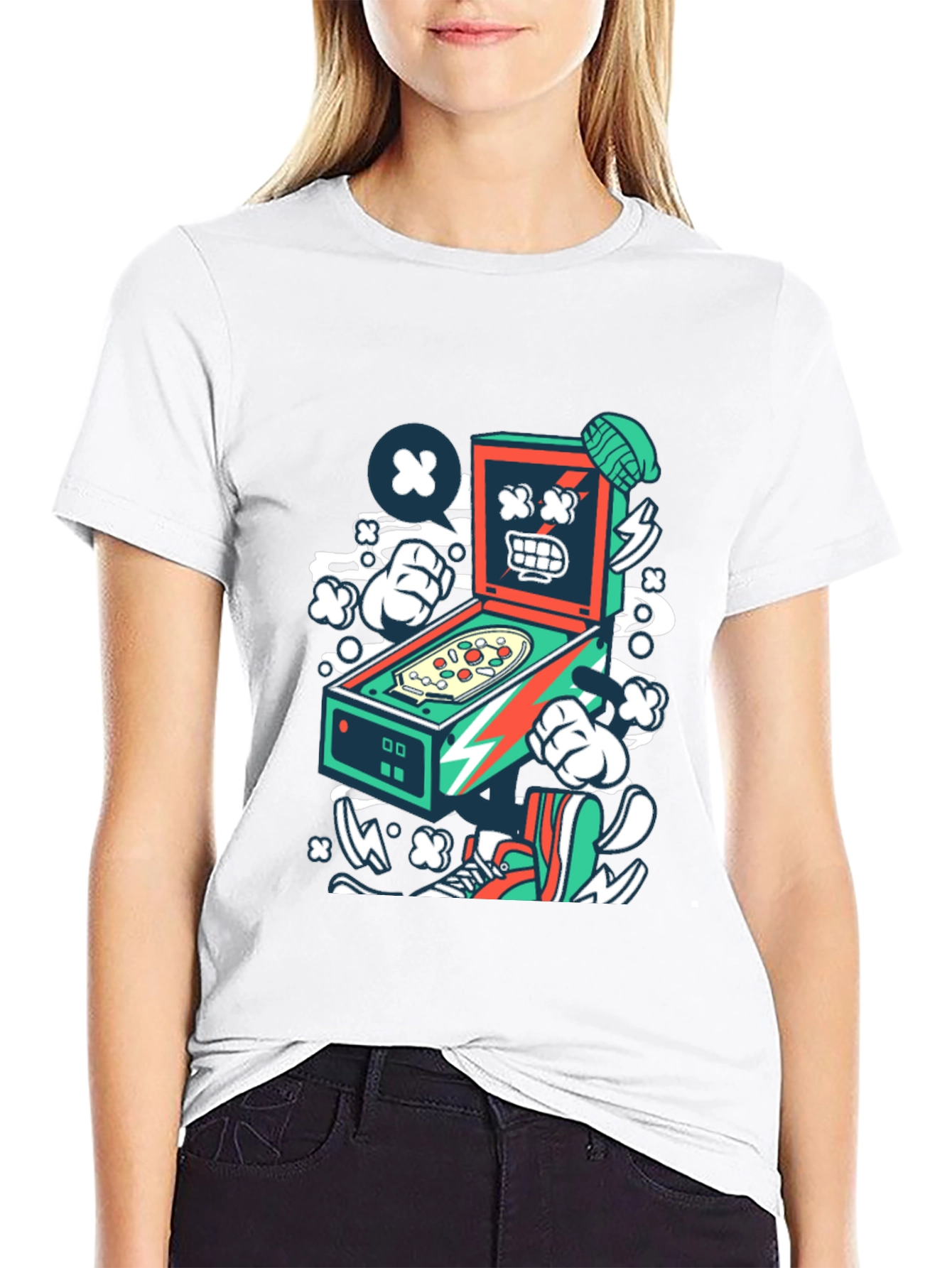 Retro Pinball Machine Graphic Tee - Cool Cartoon Design