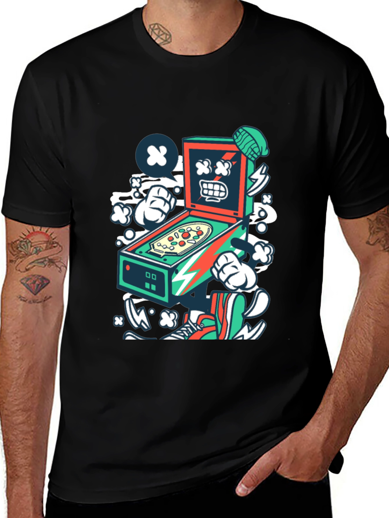 Retro Pinball Machine Graphic Tee - Cool Cartoon Design