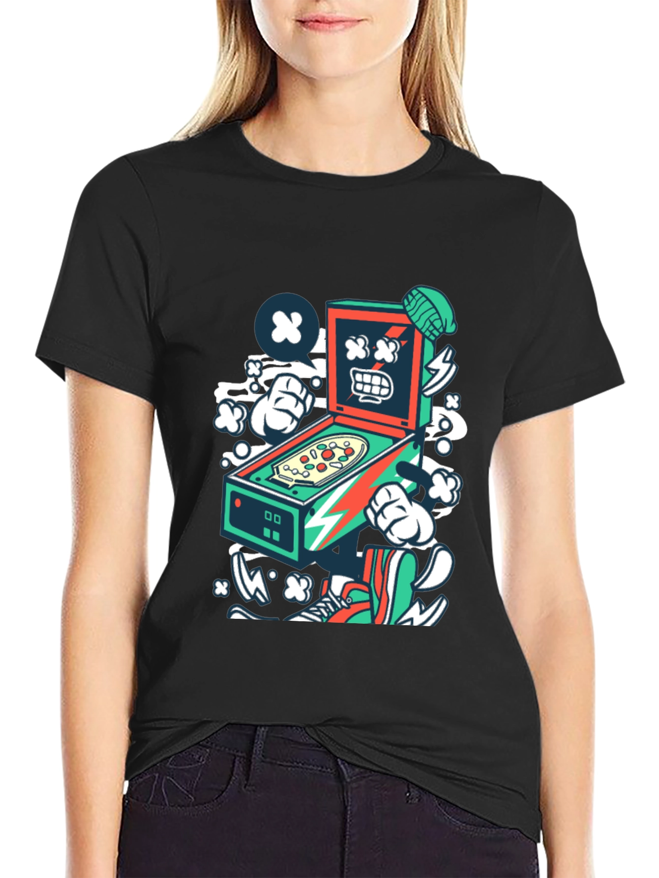 Retro Pinball Machine Graphic Tee - Cool Cartoon Design