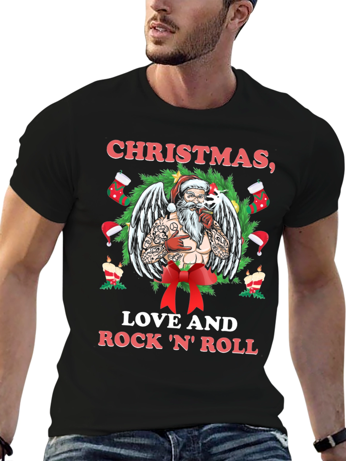 Christmas Love & Rock N Roll Santa T-Shirt