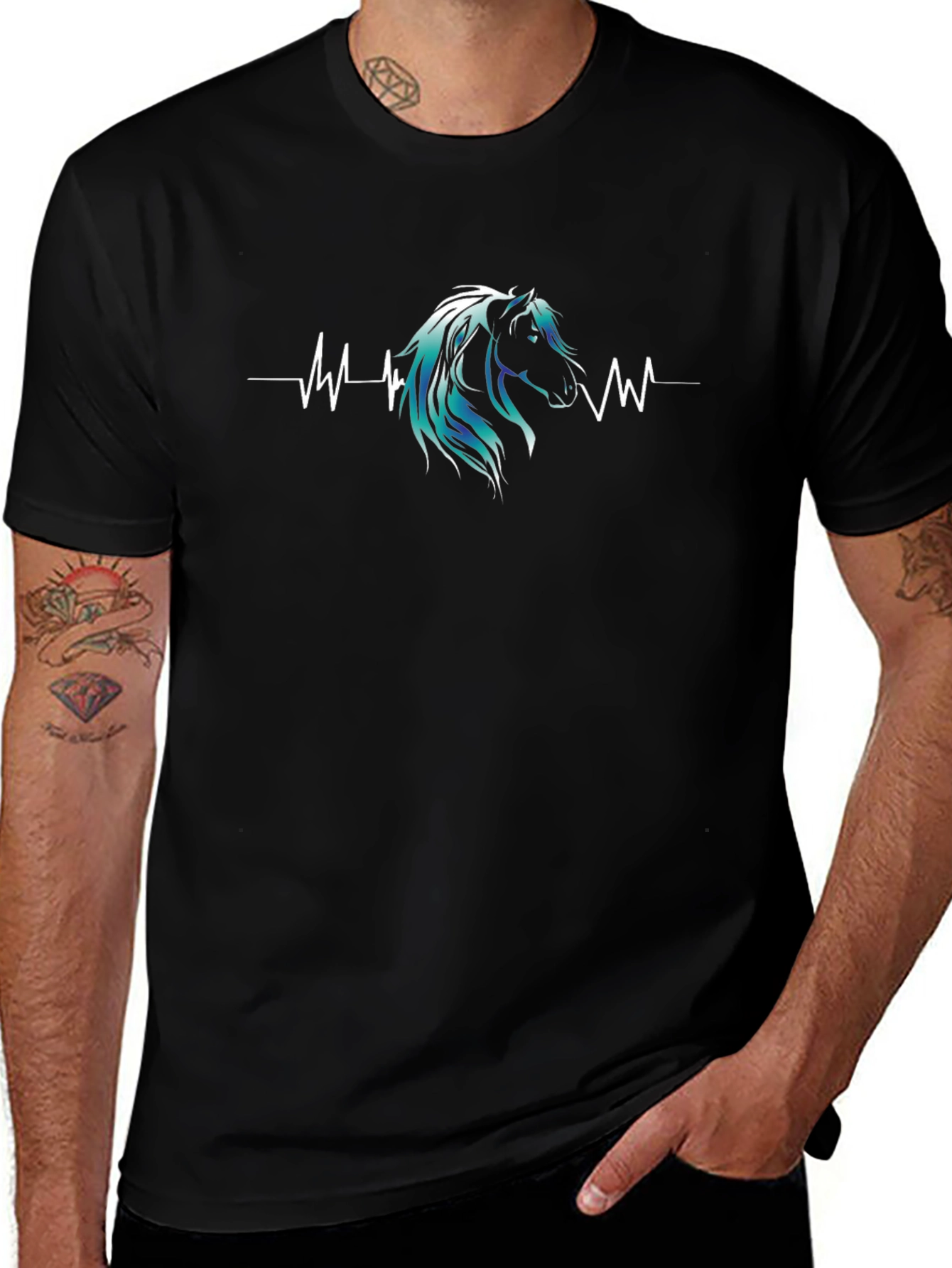 Horse Heartbeat Graphic Print Mens Black T-Shirt