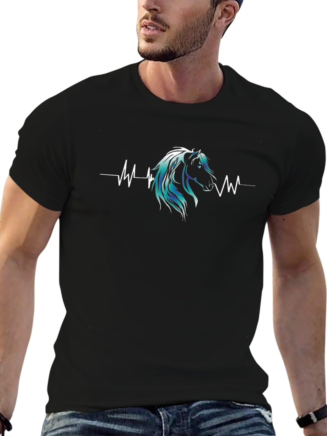 Horse Heartbeat Graphic Print Mens Black T-Shirt