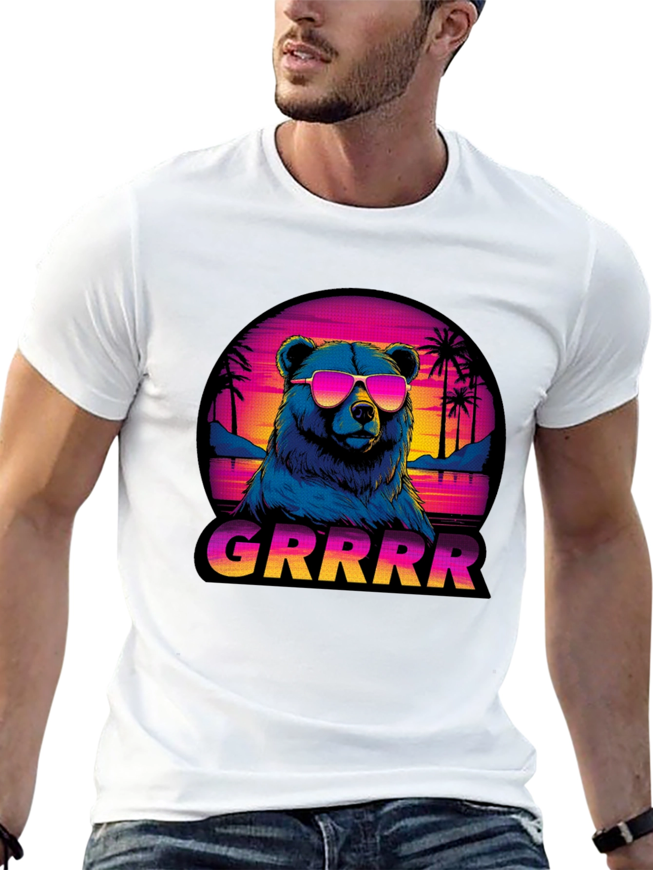 Bear GRRRR T-Shirt Retro Sunglasses Palm Trees