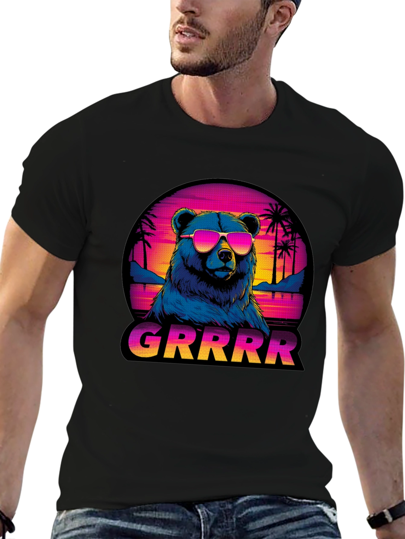 Bear GRRRR T-Shirt Retro Sunglasses Palm Trees