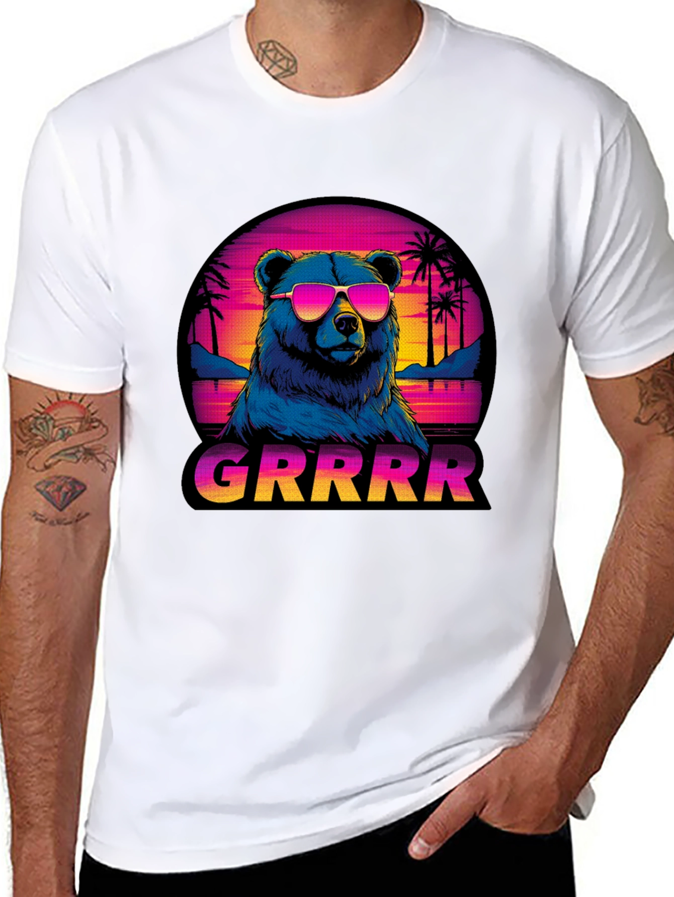 Bear GRRRR T-Shirt Retro Sunglasses Palm Trees