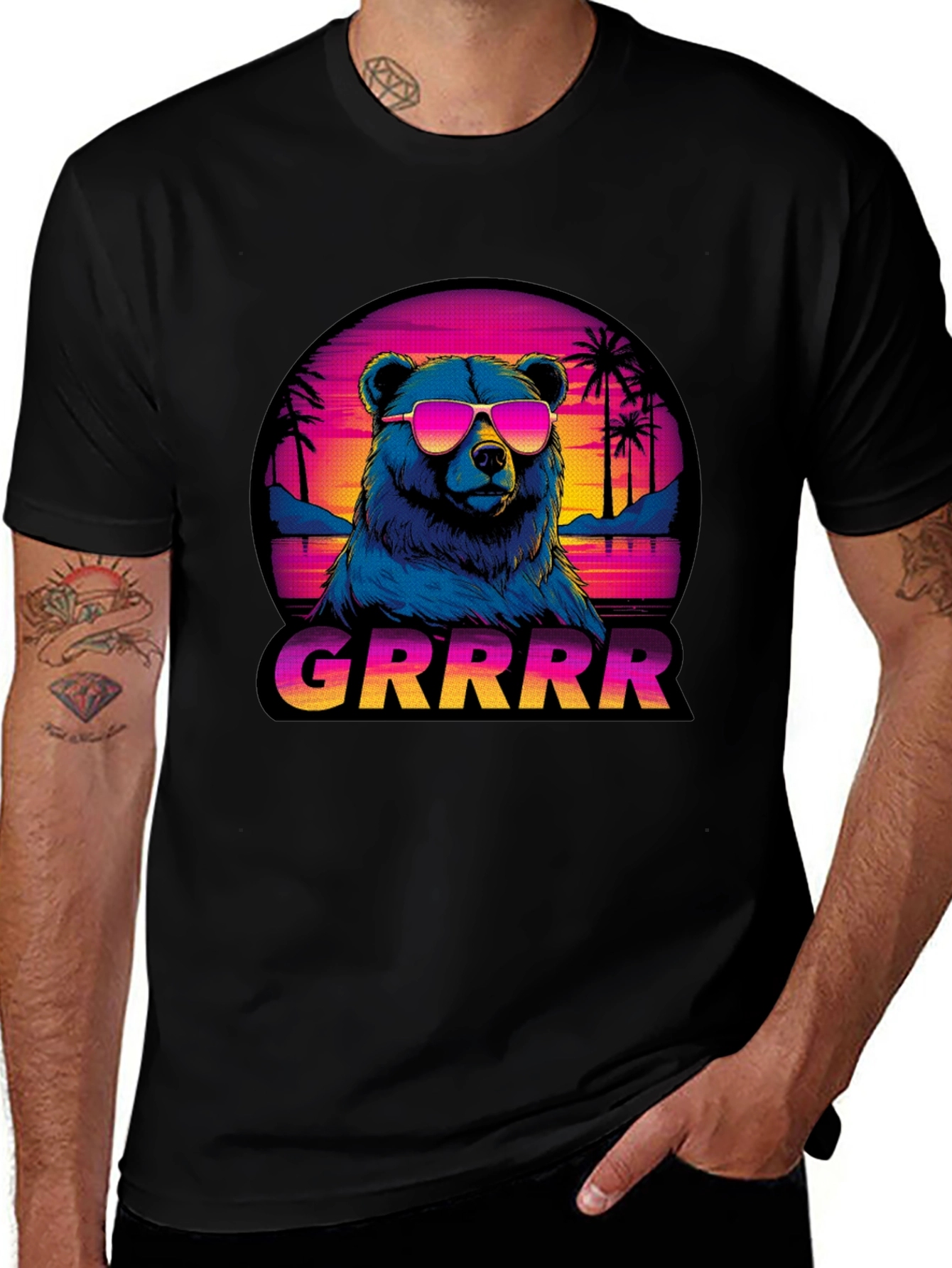 Bear GRRRR T-Shirt Retro Sunglasses Palm Trees