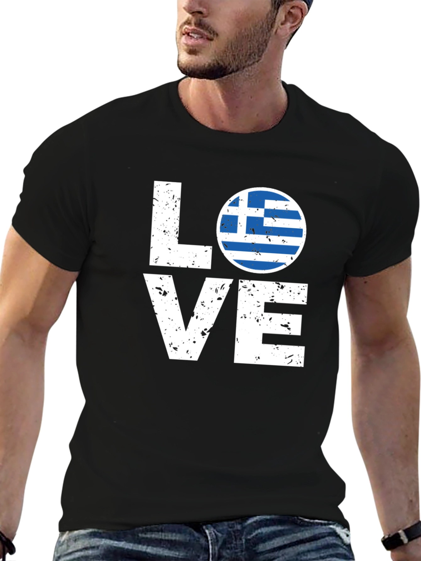 Greece Flag Love T-Shirt - Black Crew Neck Tee