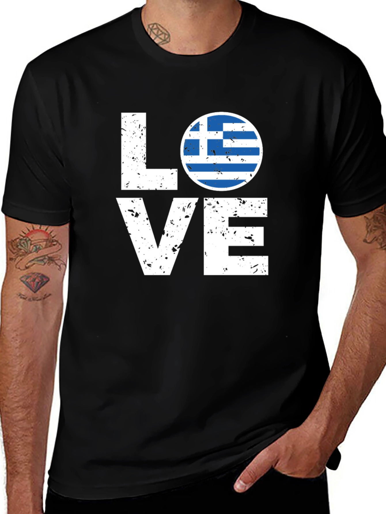 Greece Flag Love T-Shirt - Black Crew Neck Tee