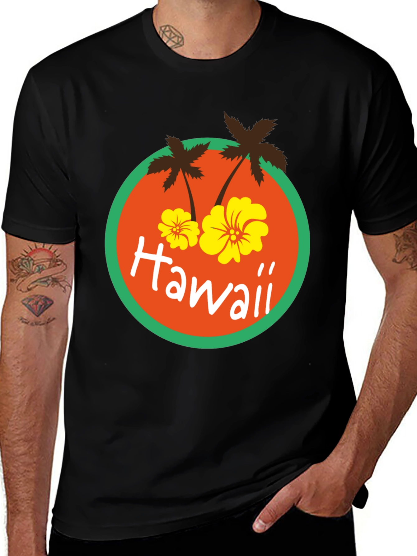 Hawaii Palm Tree Graphic Print Black T-Shirt