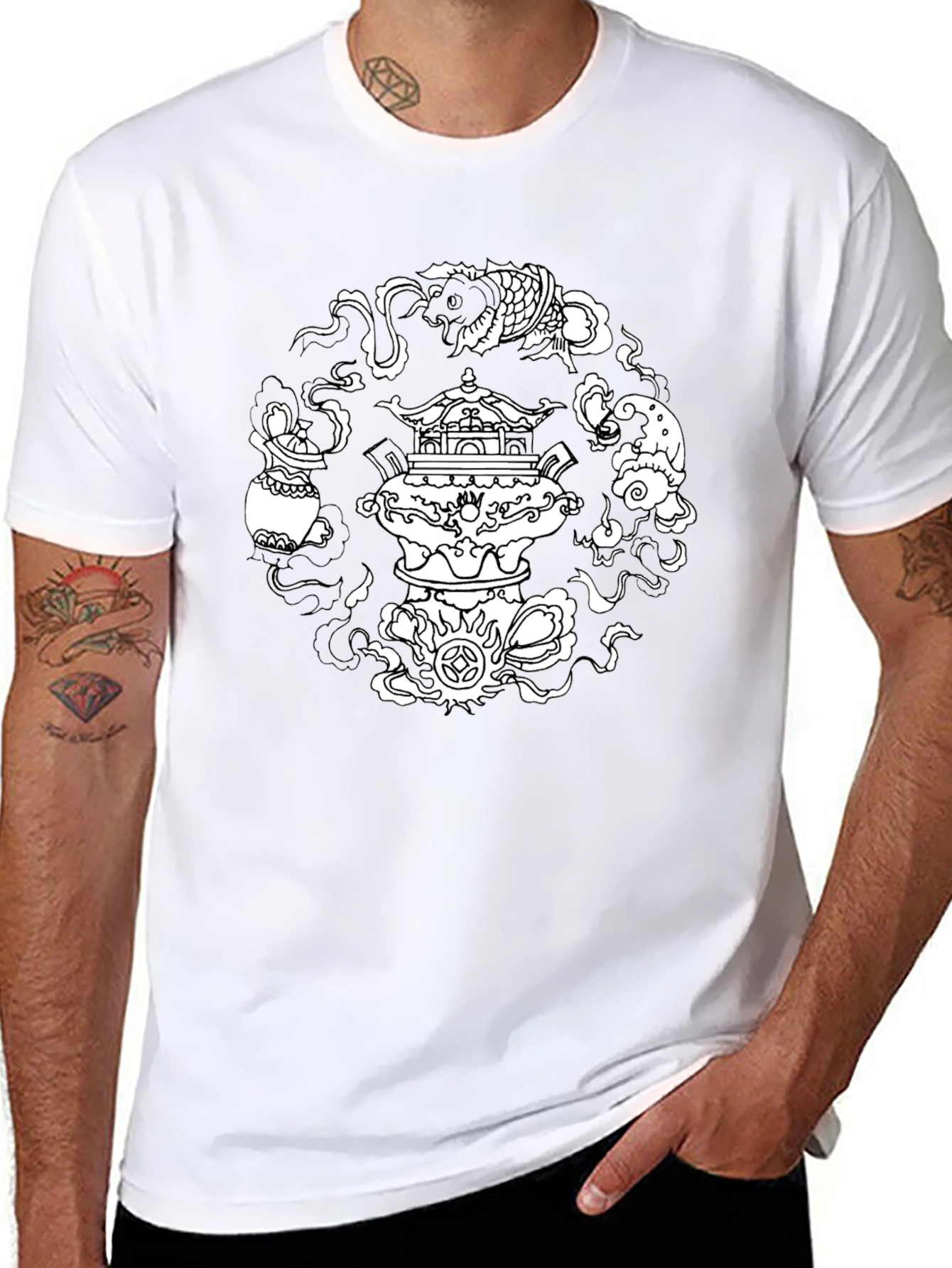 Black T-Shirt with Asian-Inspired White Graphic Design