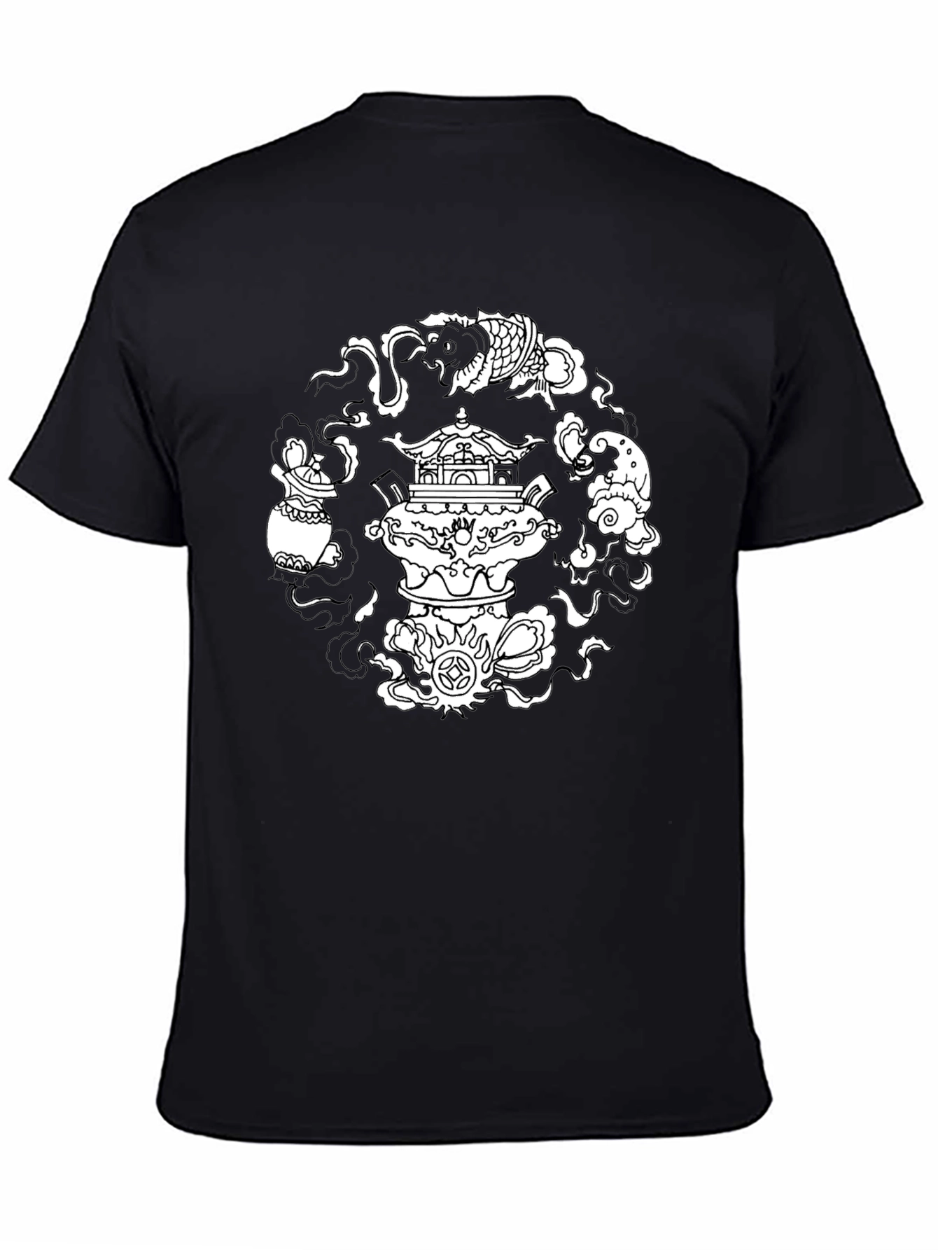Black T-Shirt with Asian-Inspired White Graphic Design