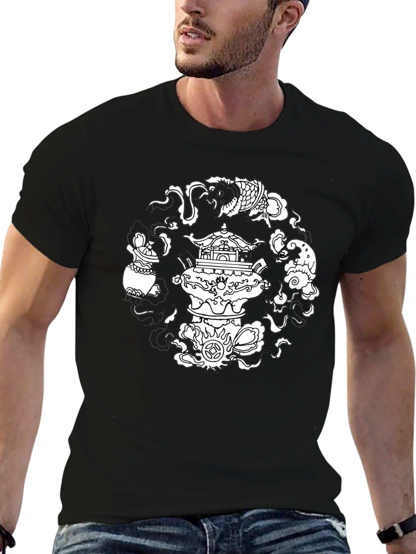 Black T-Shirt with Asian-Inspired White Graphic Design