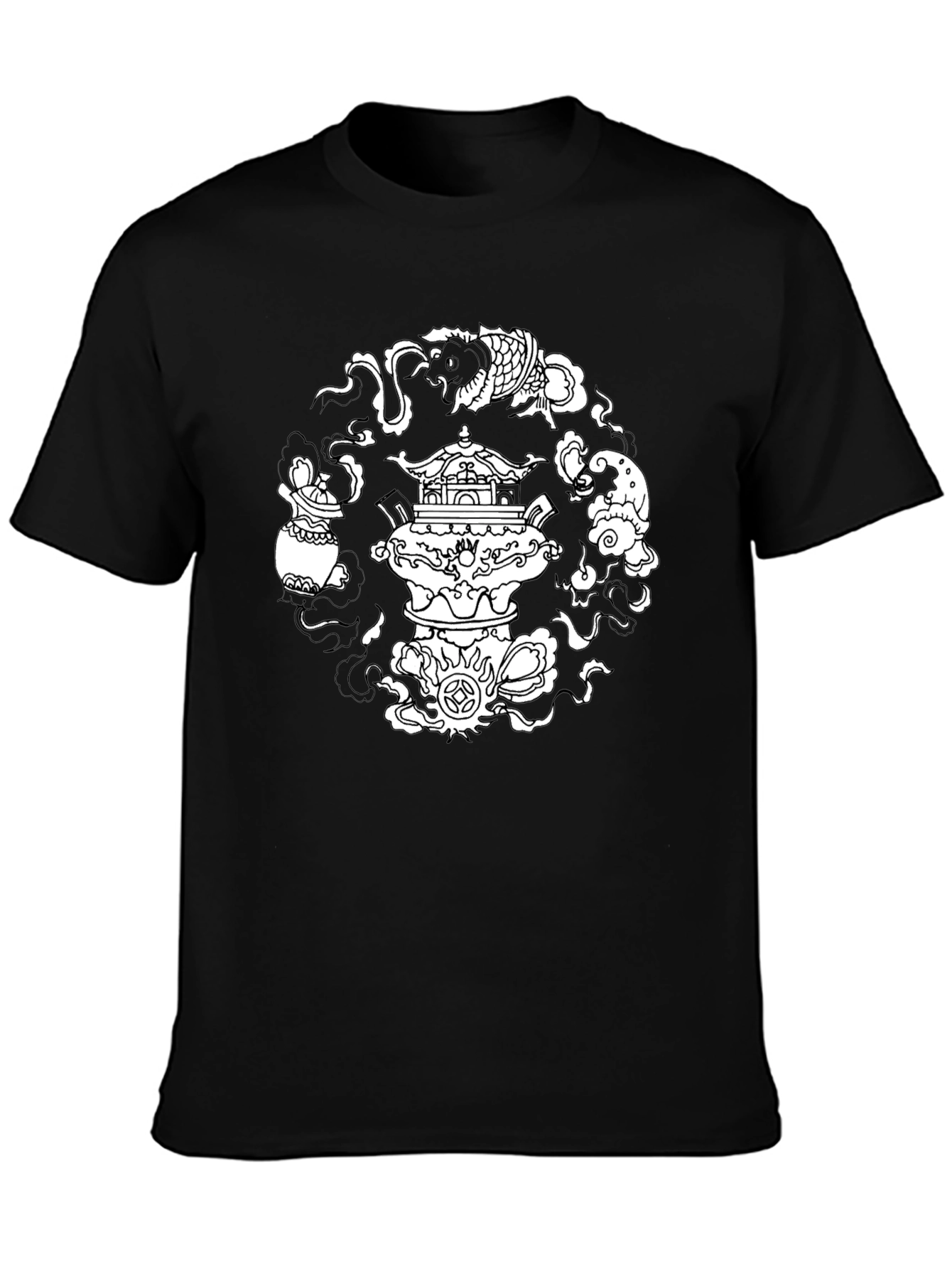 Black T-Shirt with Asian-Inspired White Graphic Design