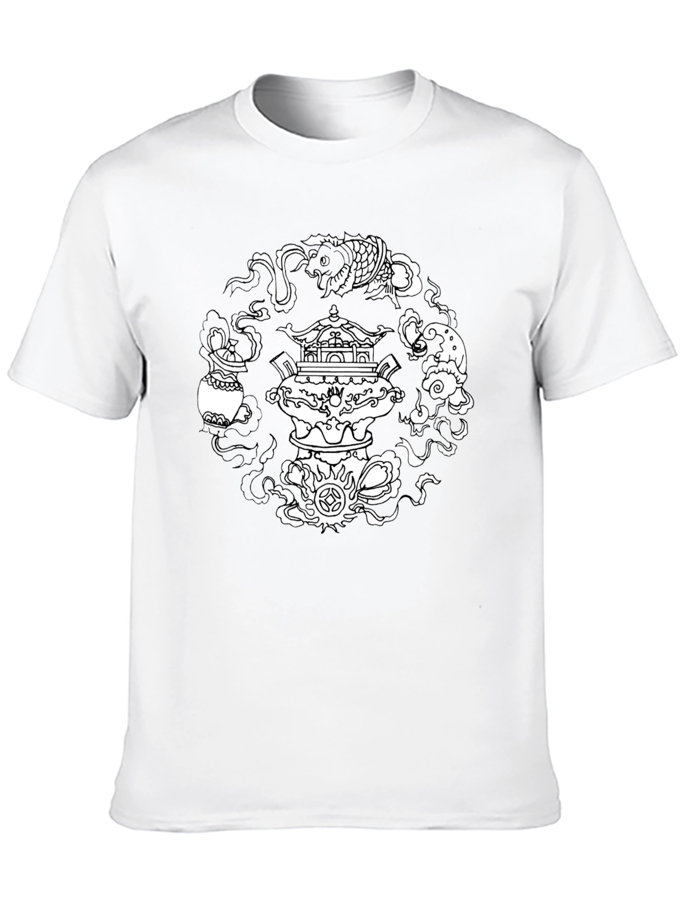 Black T-Shirt with Asian-Inspired White Graphic Design