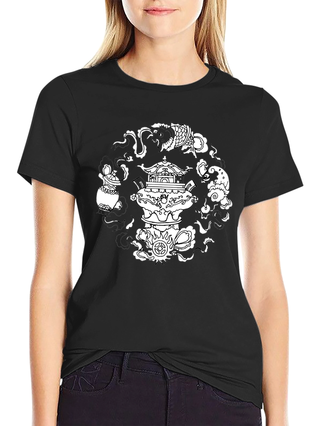Black T-Shirt with Asian-Inspired White Graphic Design