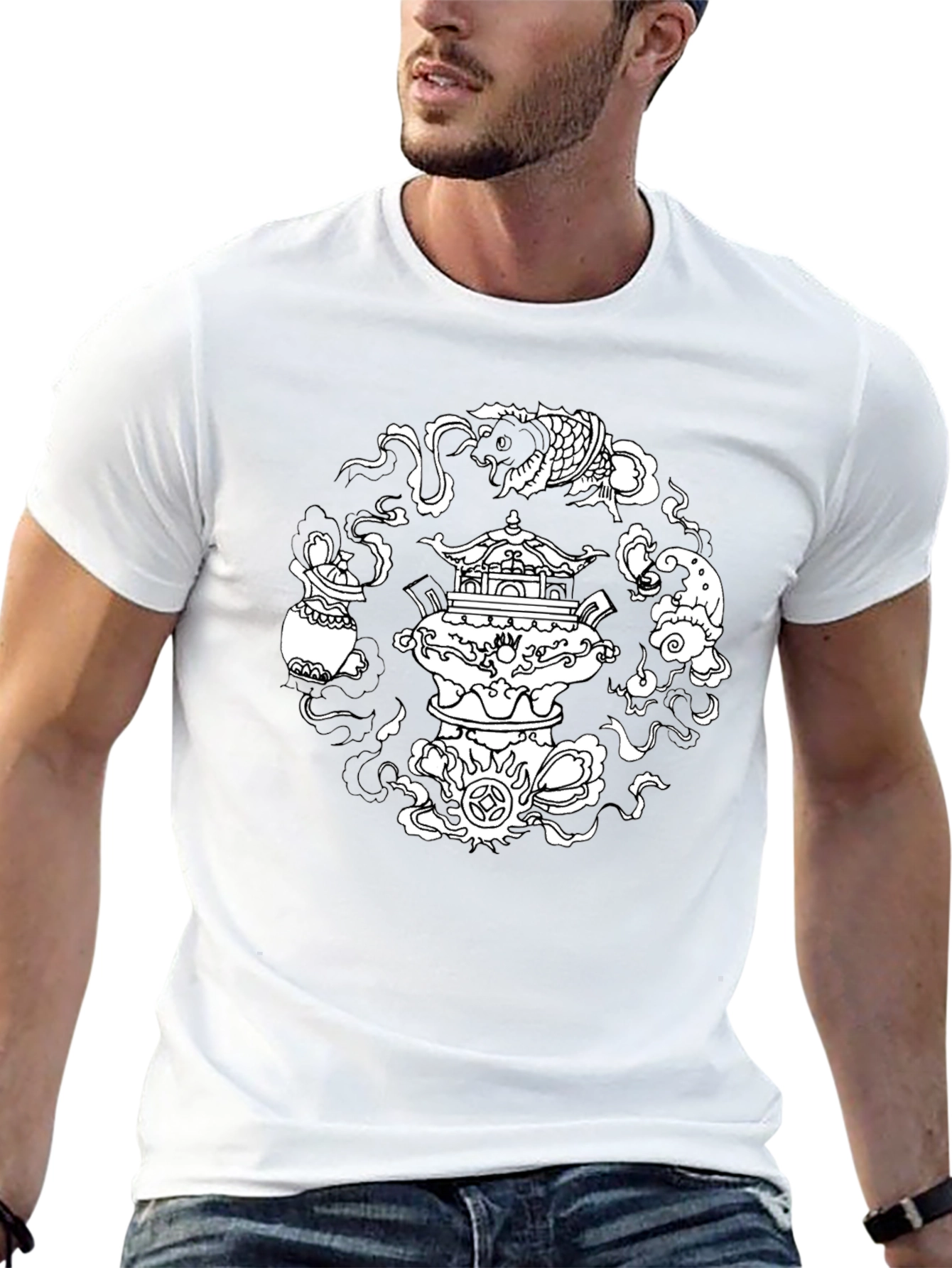 Black T-Shirt with Asian-Inspired White Graphic Design