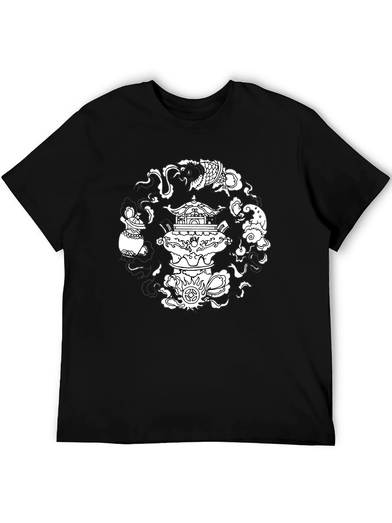 Black T-Shirt with Asian-Inspired White Graphic Design