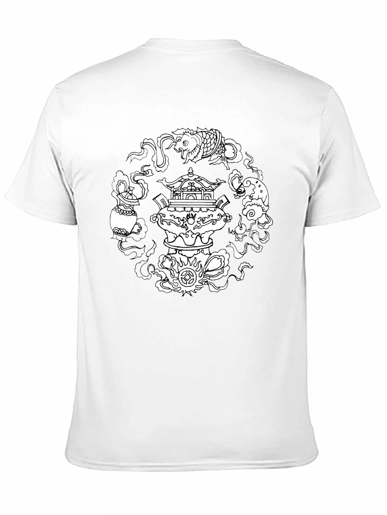 Black T-Shirt with Asian-Inspired White Graphic Design