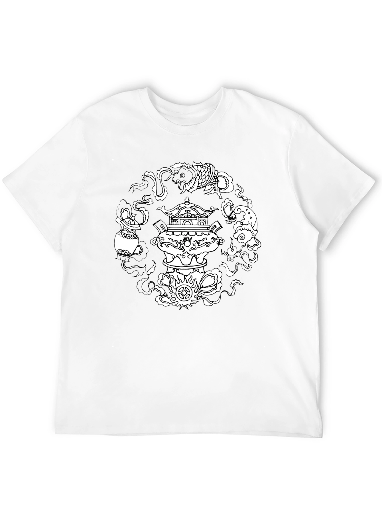 Black T-Shirt with Asian-Inspired White Graphic Design