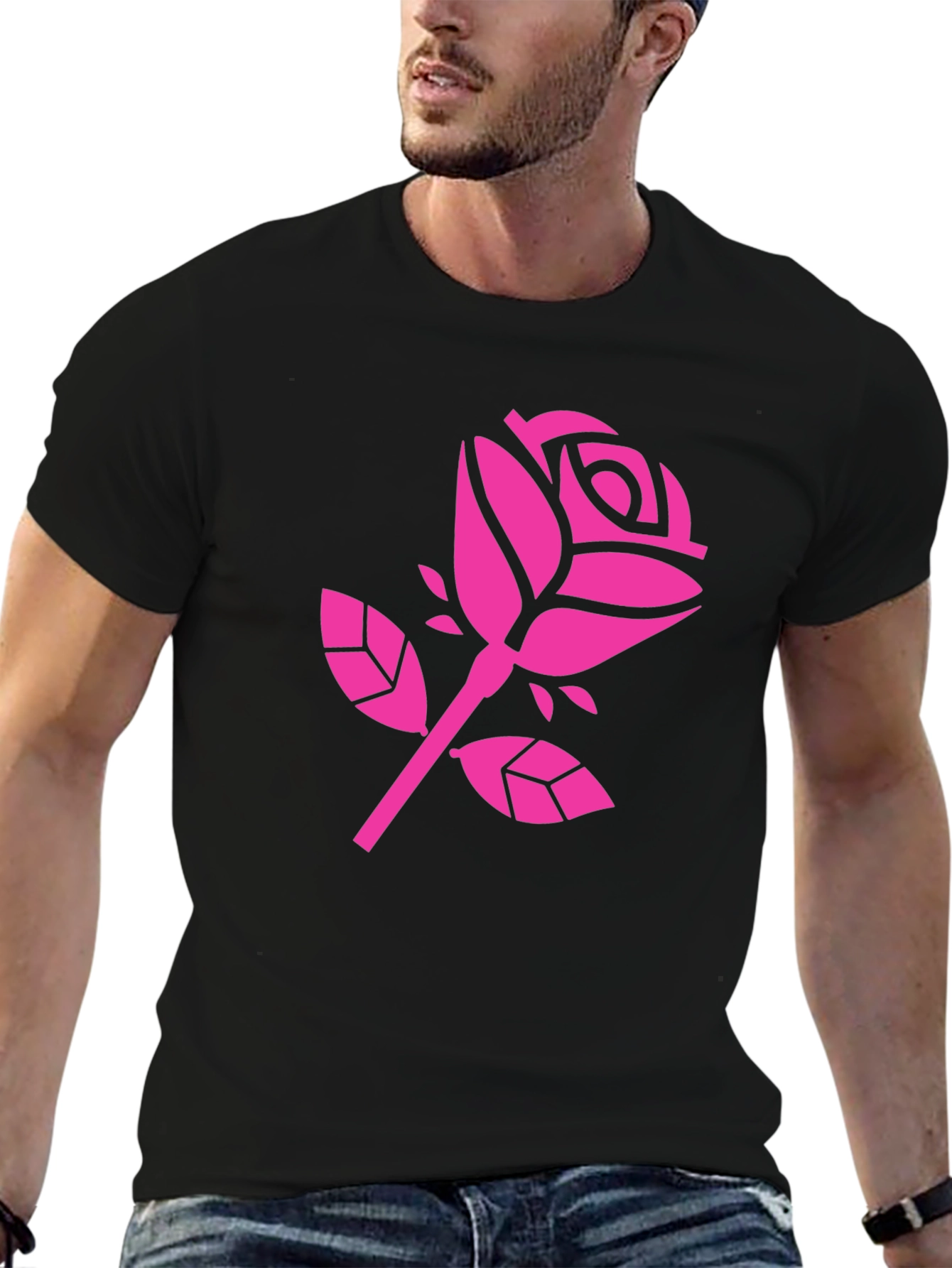 Pink Rose Graphic Black T-Shirt