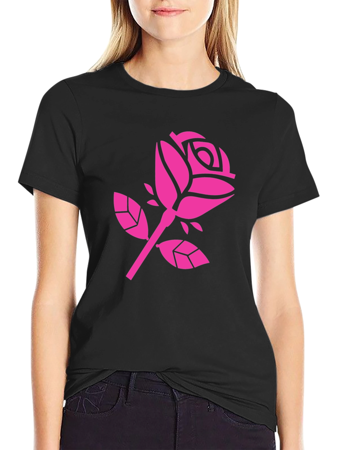 Pink Rose Graphic Black T-Shirt