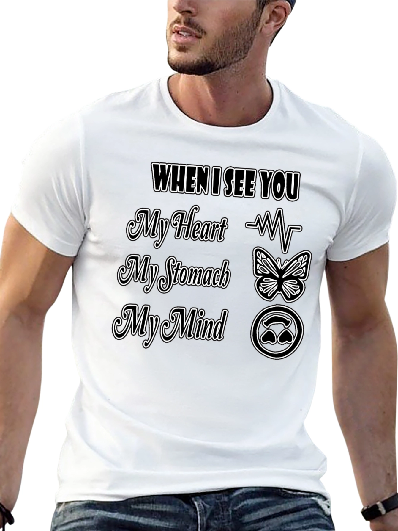 Romantic Love T-Shirt Heart Stomach Mind Design Tee